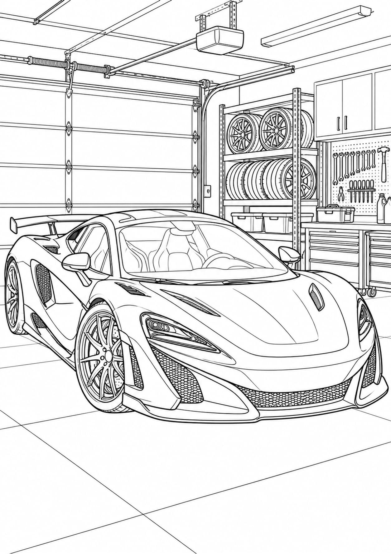Detailed sports car coloring page of a supercar in a garage with tools and spare wheels