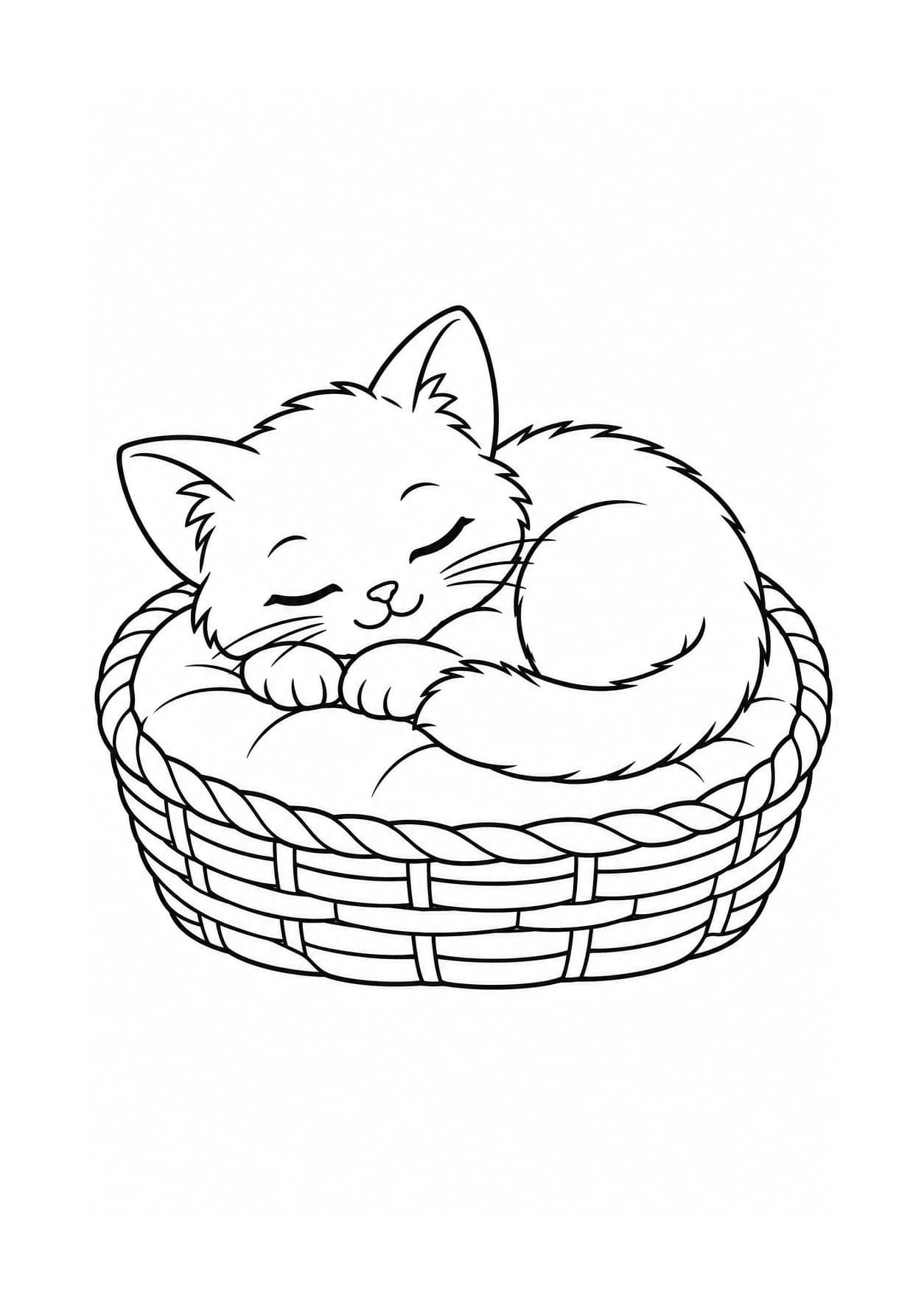 Kitten sleeping in a basket with a cushion