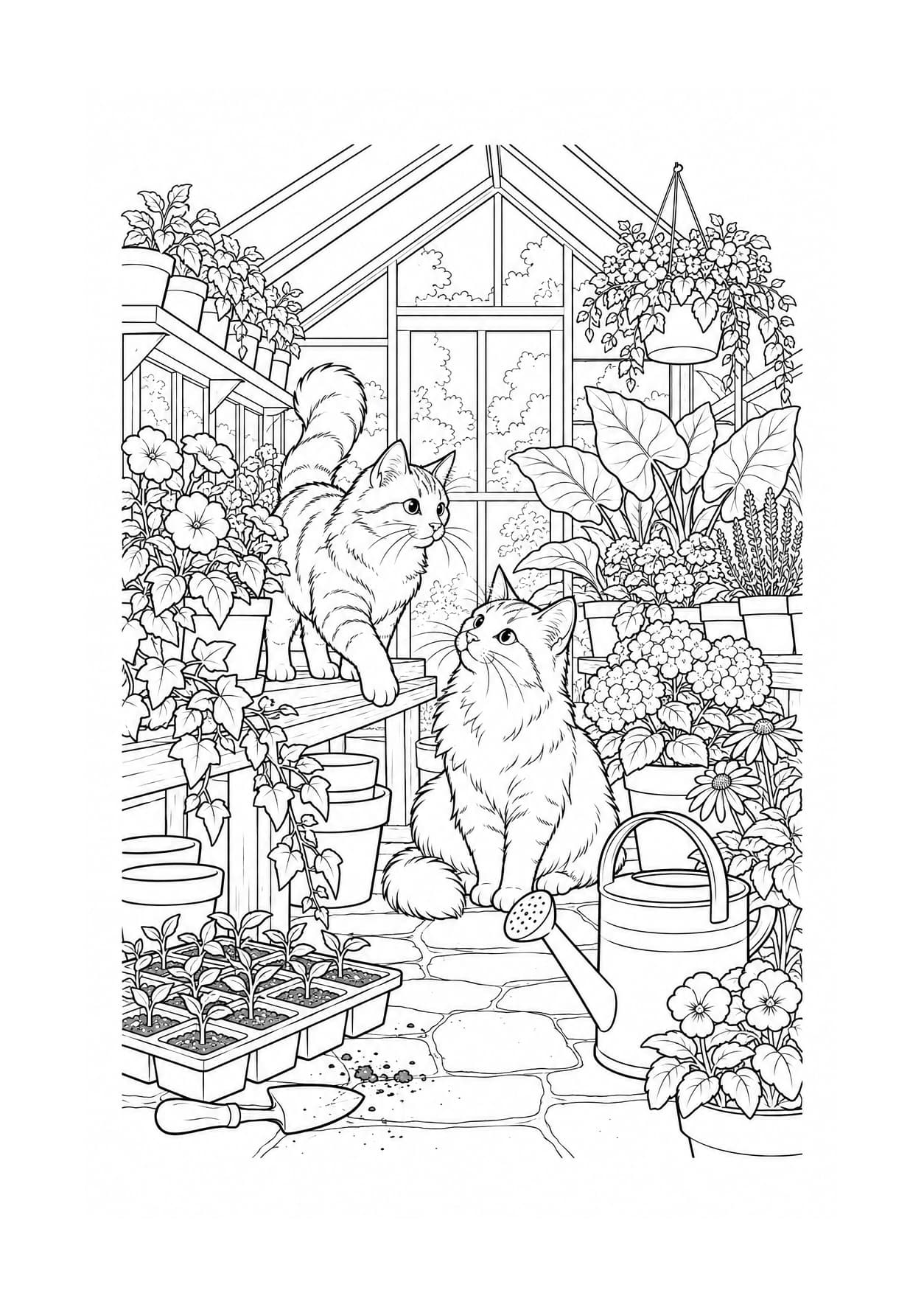 Detailed cat coloring page of two cats exploring a greenhouse