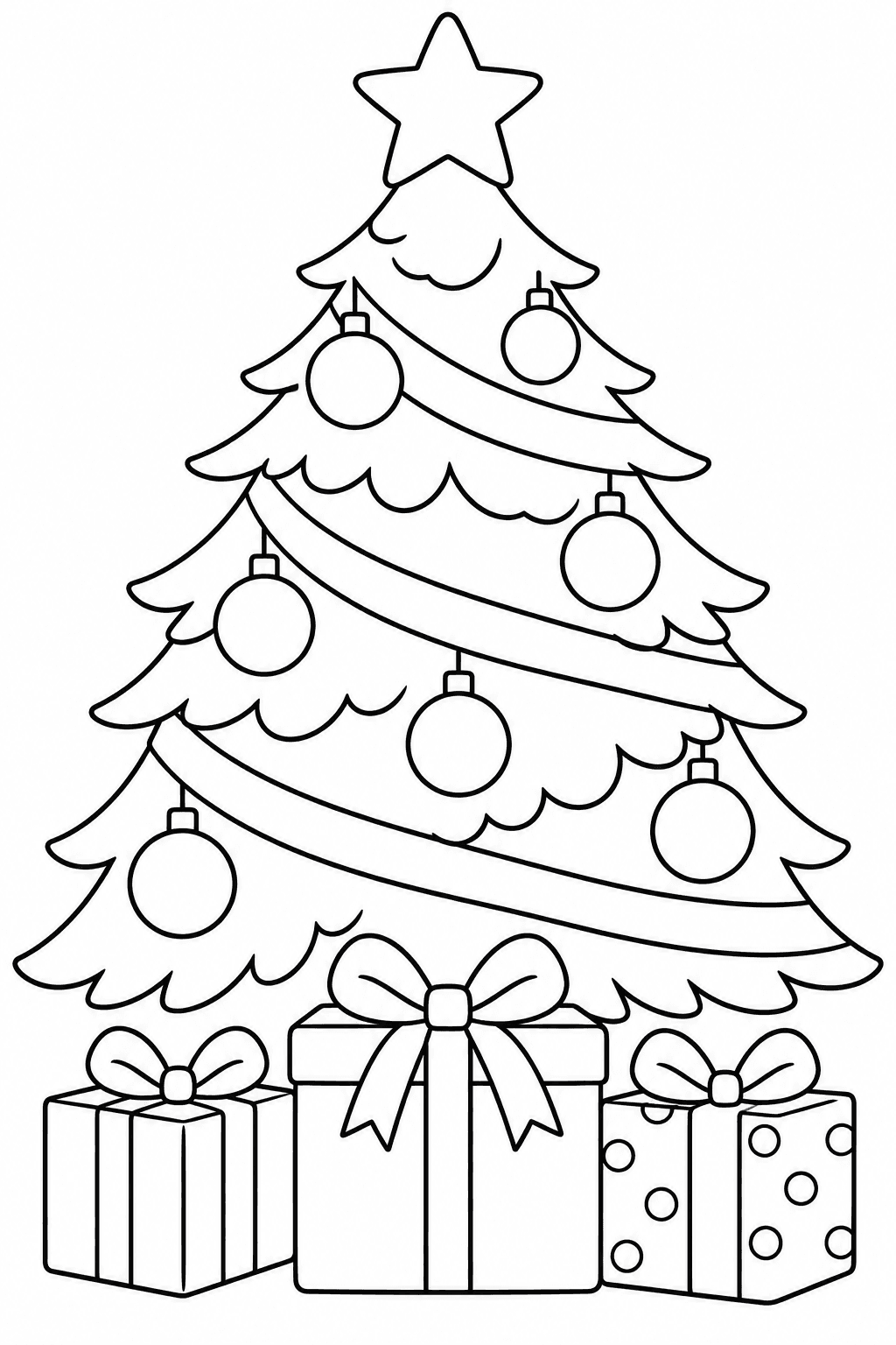 Easy Christmas coloring page of a tree with large baubles, a star and wrapped gifts