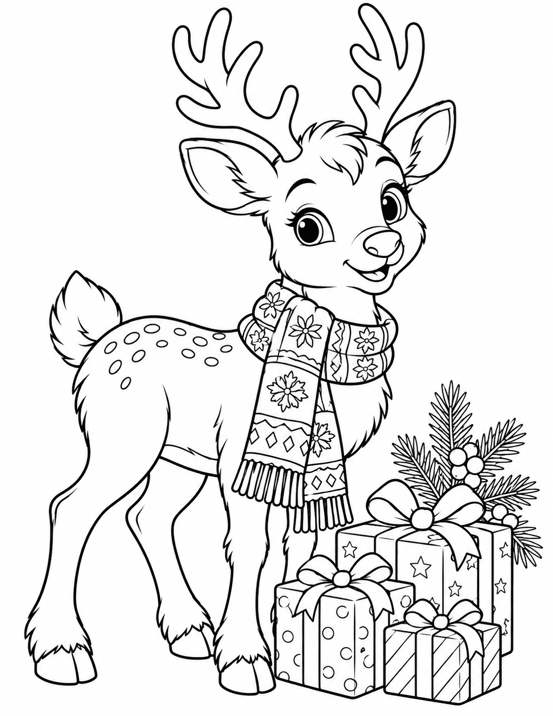 Christmas coloring page of a friendly reindeer wearing a scarf beside wrapped gifts