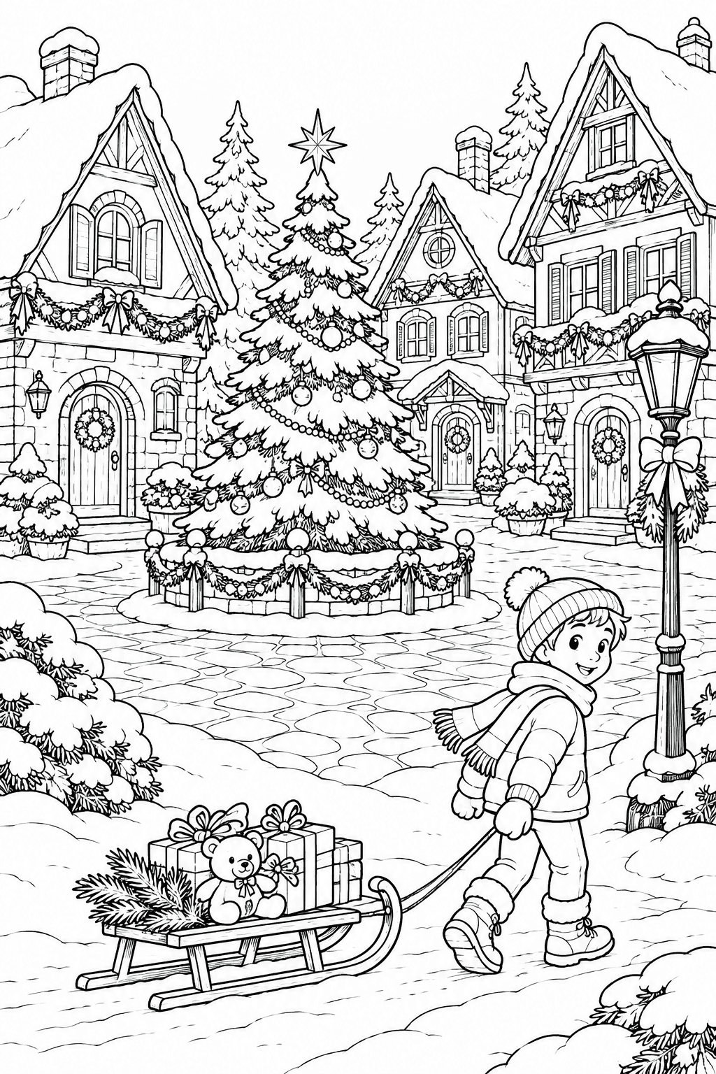 Detailed Christmas coloring page of a snowy festive village with decorated houses and a Christmas tree