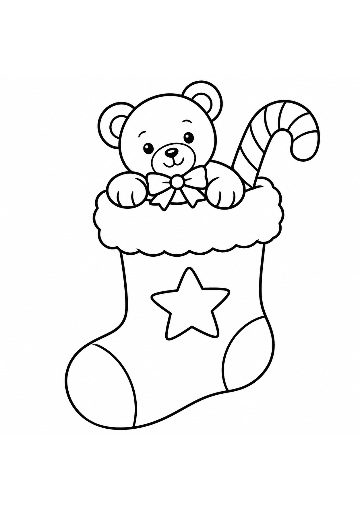 Easy Christmas coloring page of a stocking with a teddy bear and candy cane