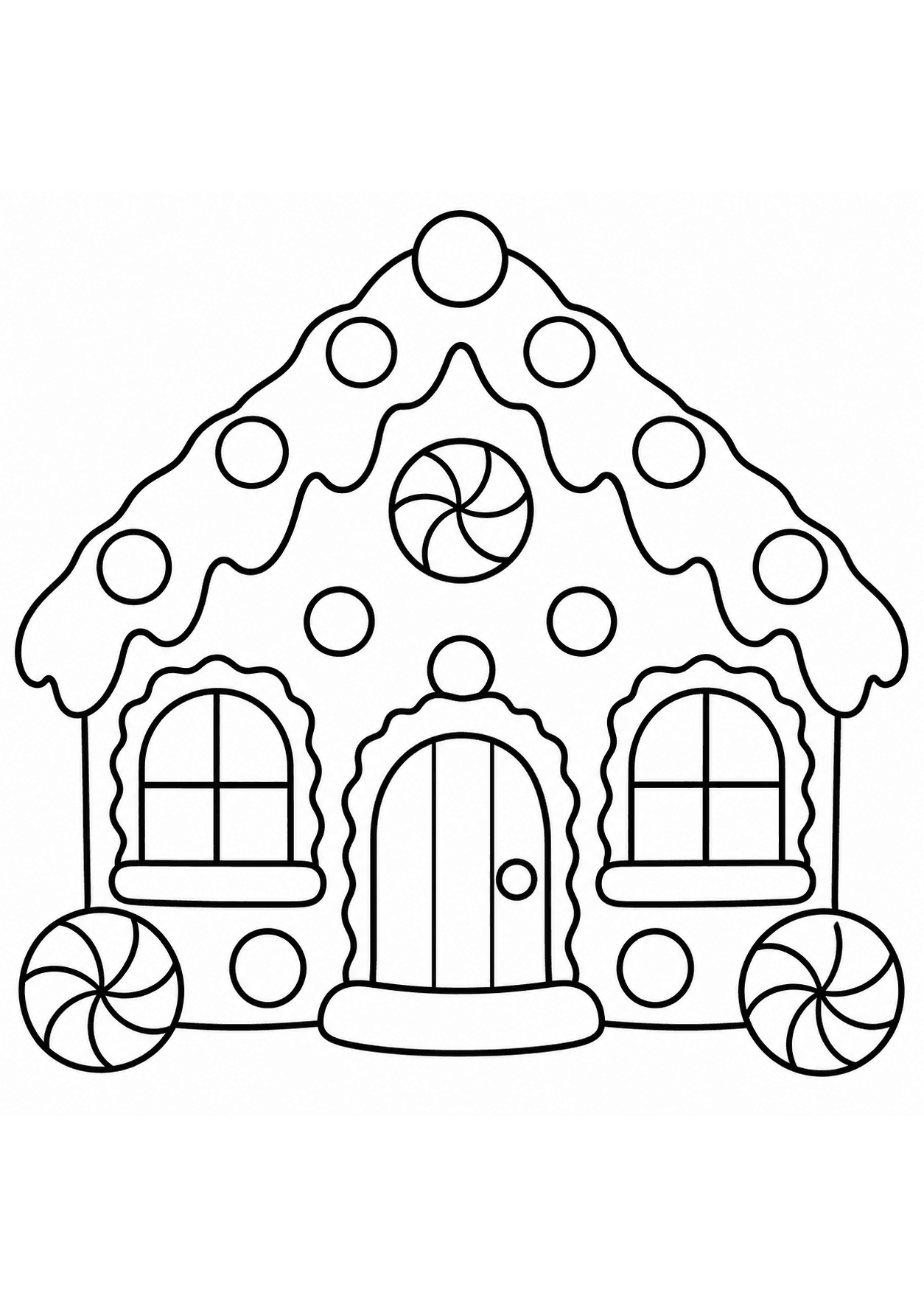 Easy Christmas coloring page of a gingerbread house with icing and round candies