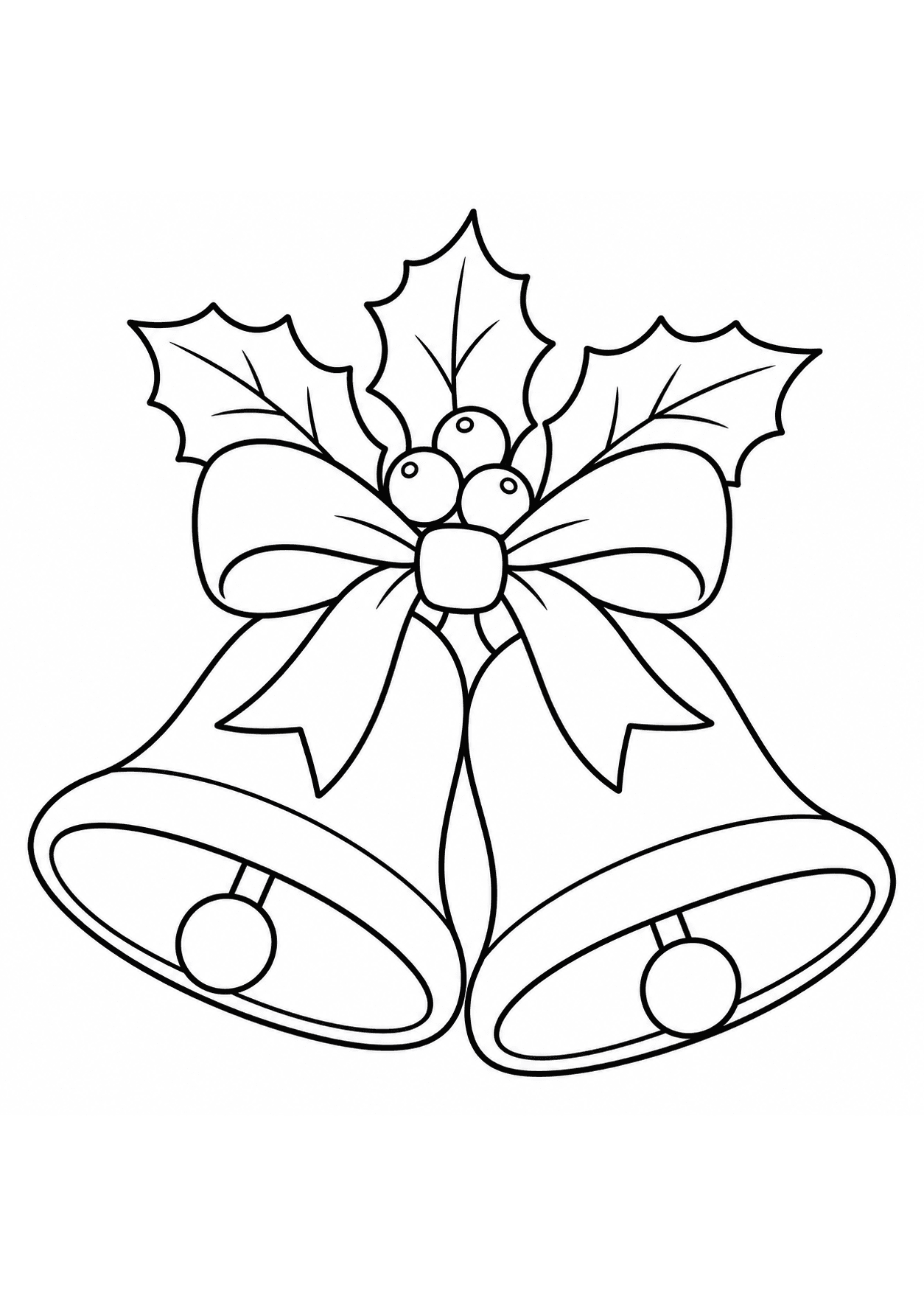 Easy Christmas coloring page of two bells tied with a bow and holly leaves