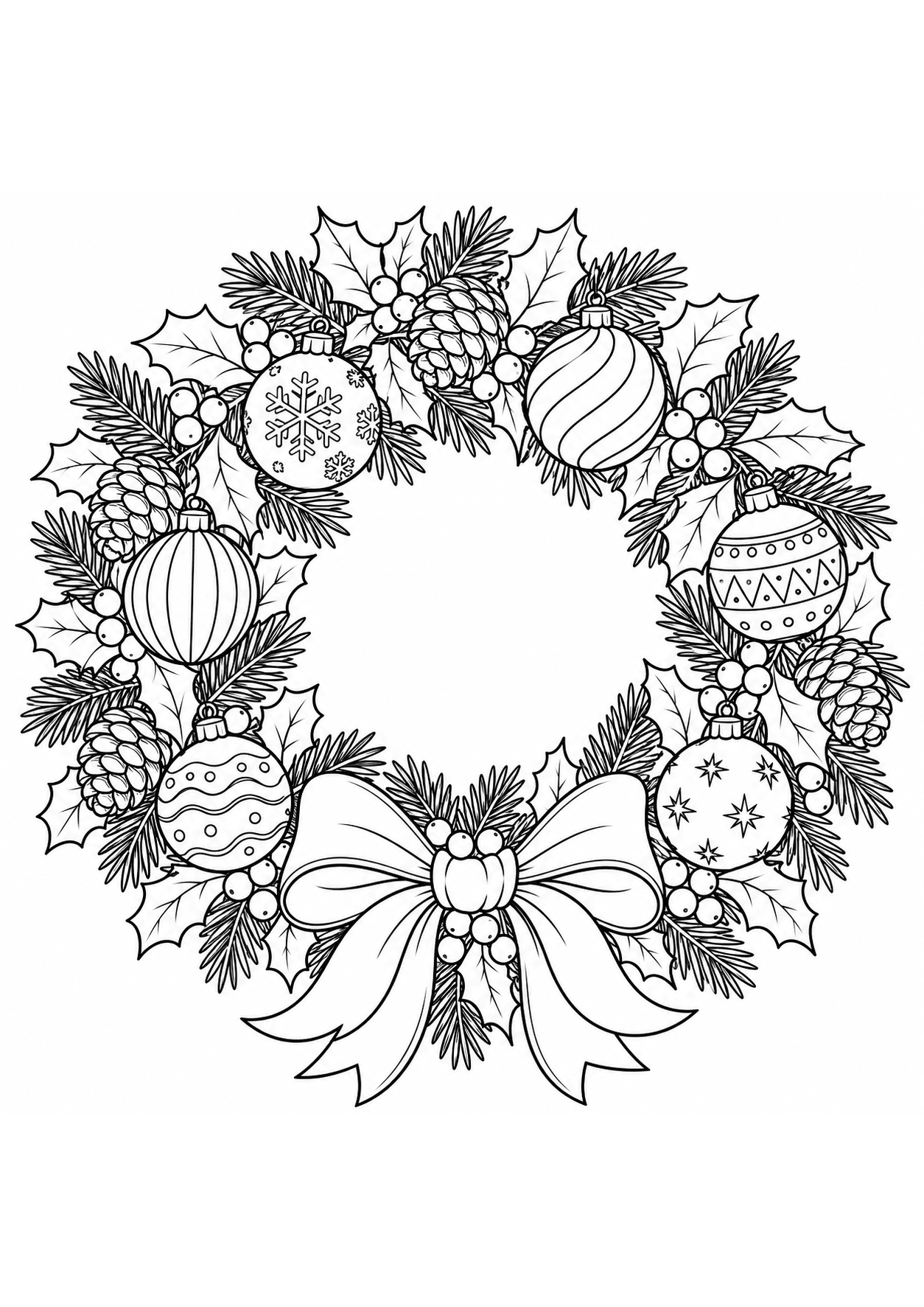 Detailed Christmas coloring page of a wreath with holly, pinecones and patterned baubles