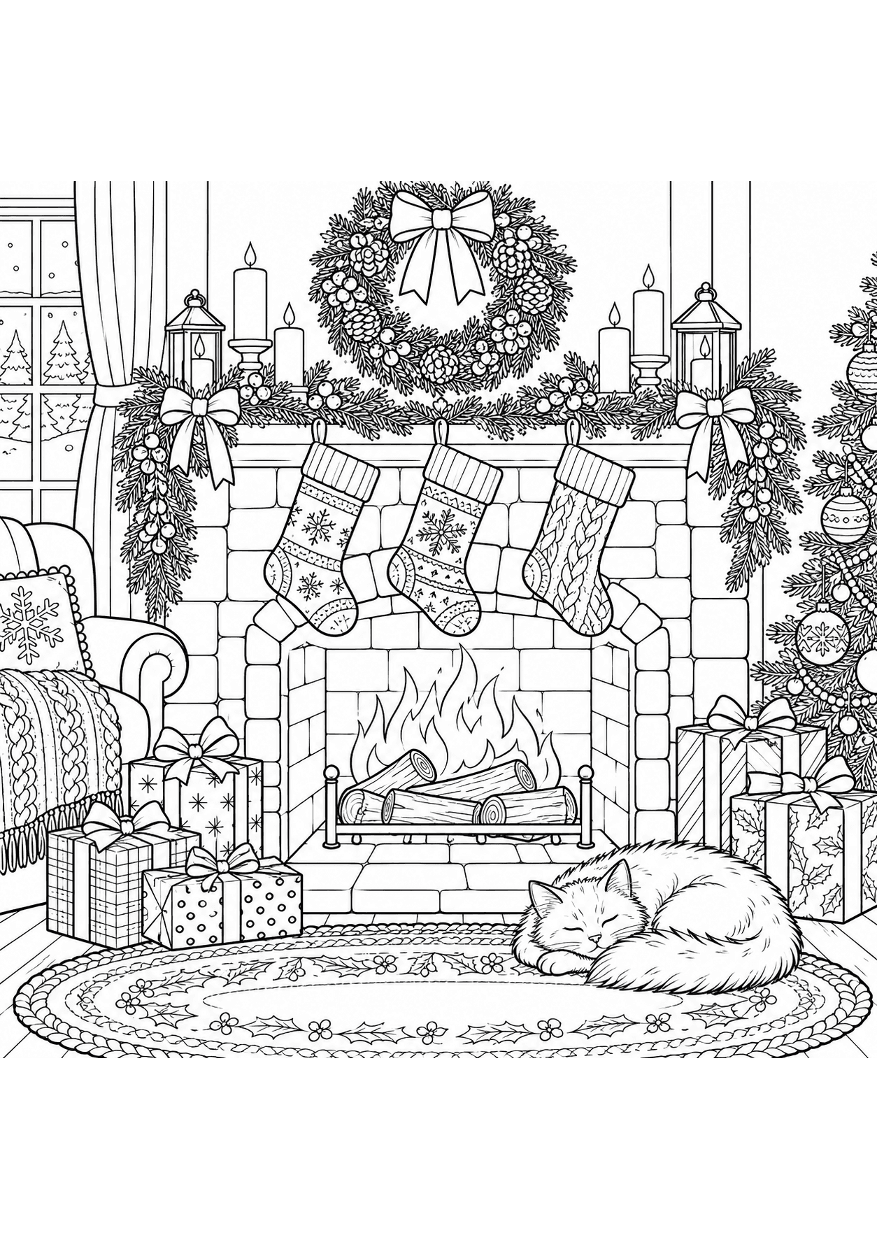 Detailed Christmas coloring page of a cozy fireplace with stockings, garlands and gifts
