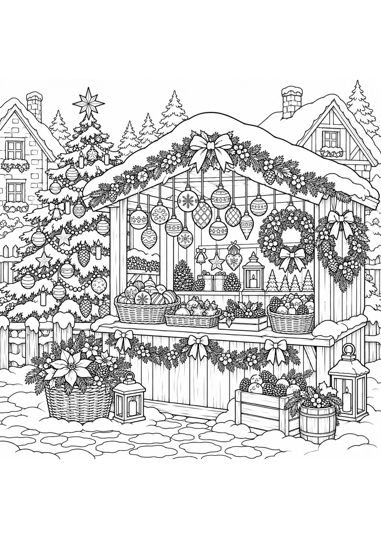 Detailed Christmas coloring page of a snowy market stall with ornaments, wreaths and a Christmas tree