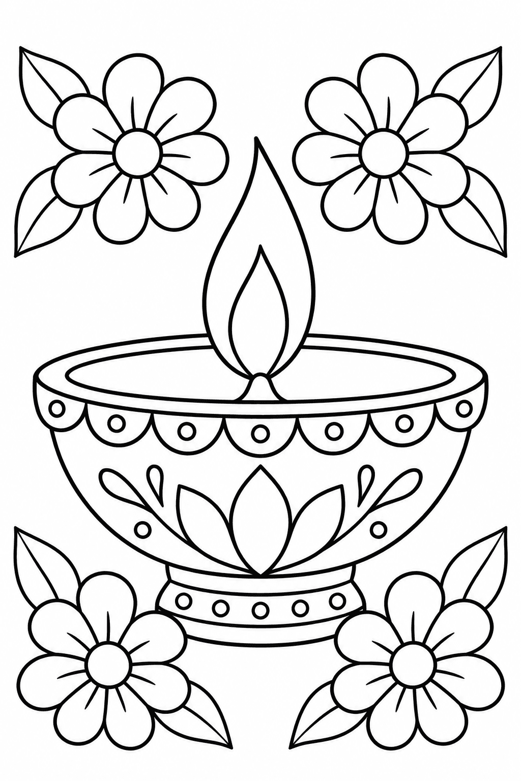 Easy Diwali coloring page of one decorated diya lamp surrounded by large flowers