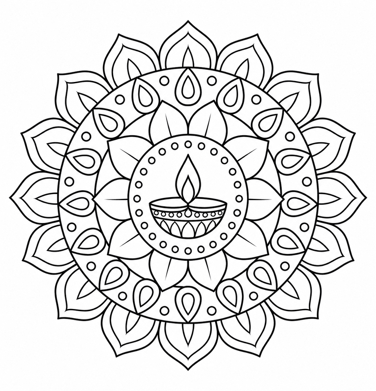 Diwali coloring page of a symmetrical floral rangoli with a diya at its center
