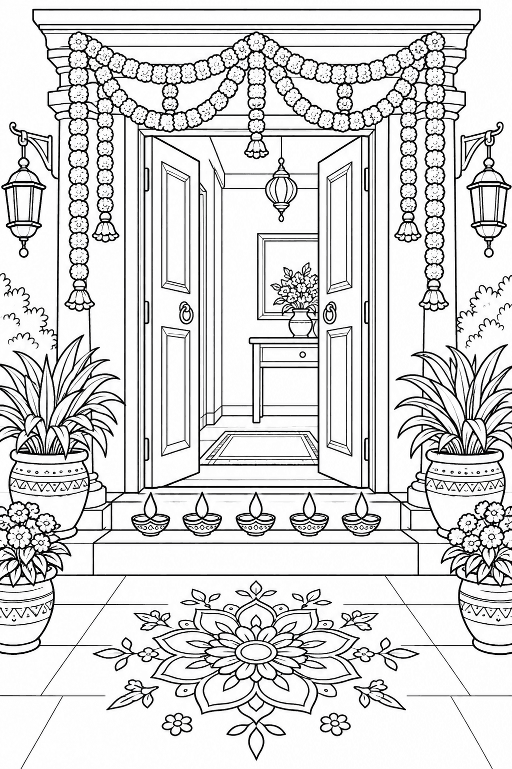 Detailed Diwali coloring page of a doorway decorated with flower garlands and diya lamps