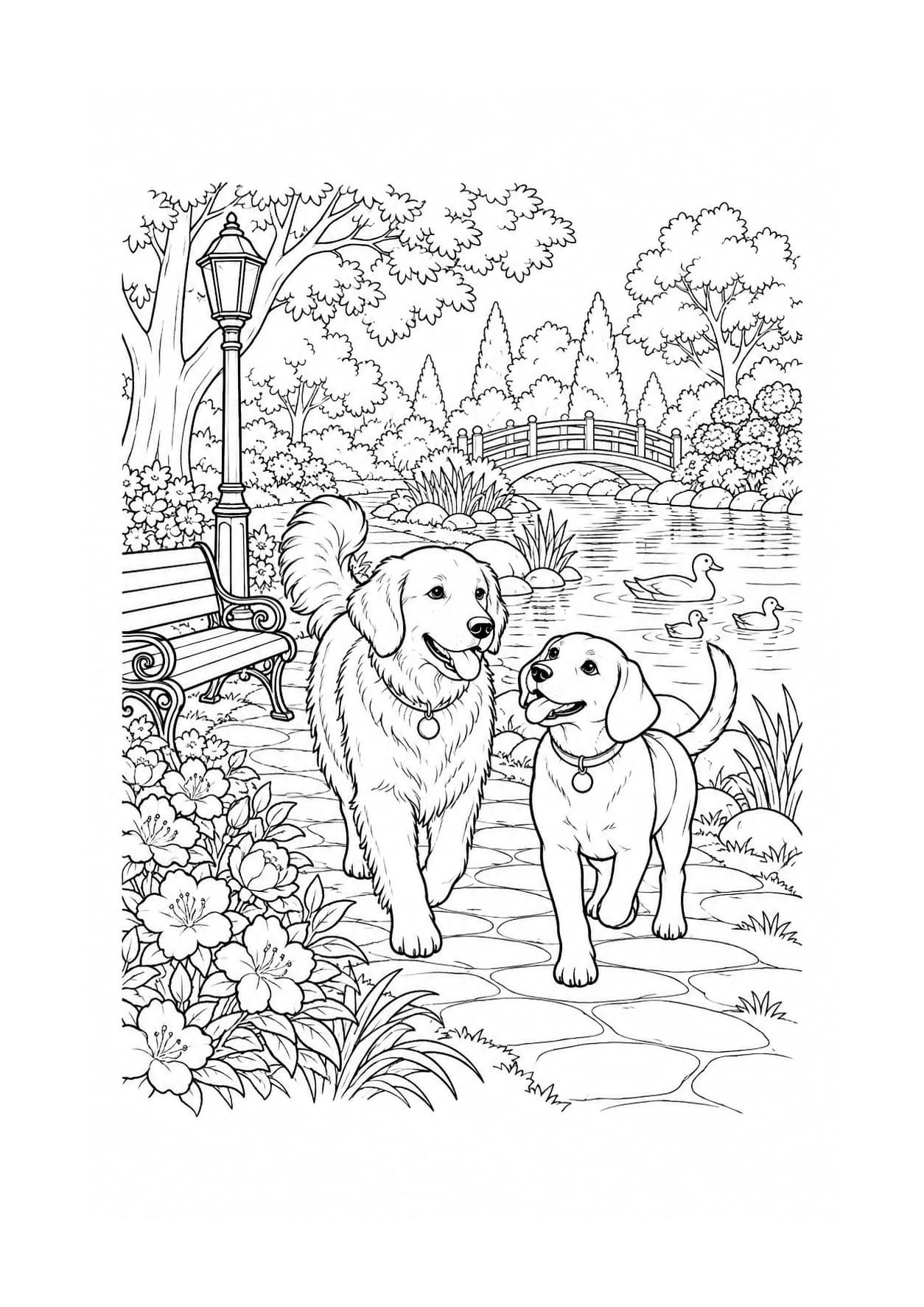 Detailed dog coloring page of two dogs exploring a park
