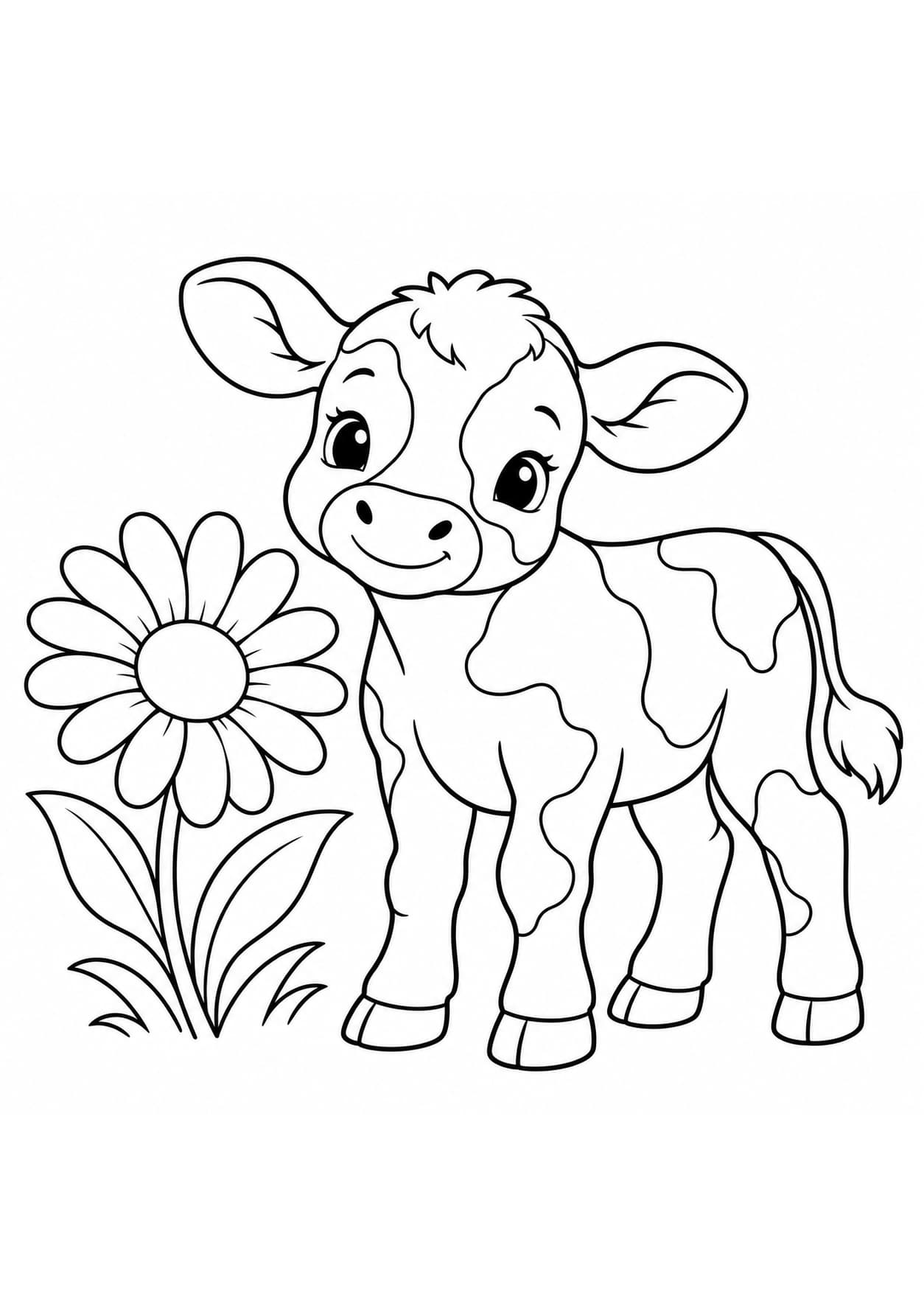Easy farm animal coloring page of a calf beside a flower