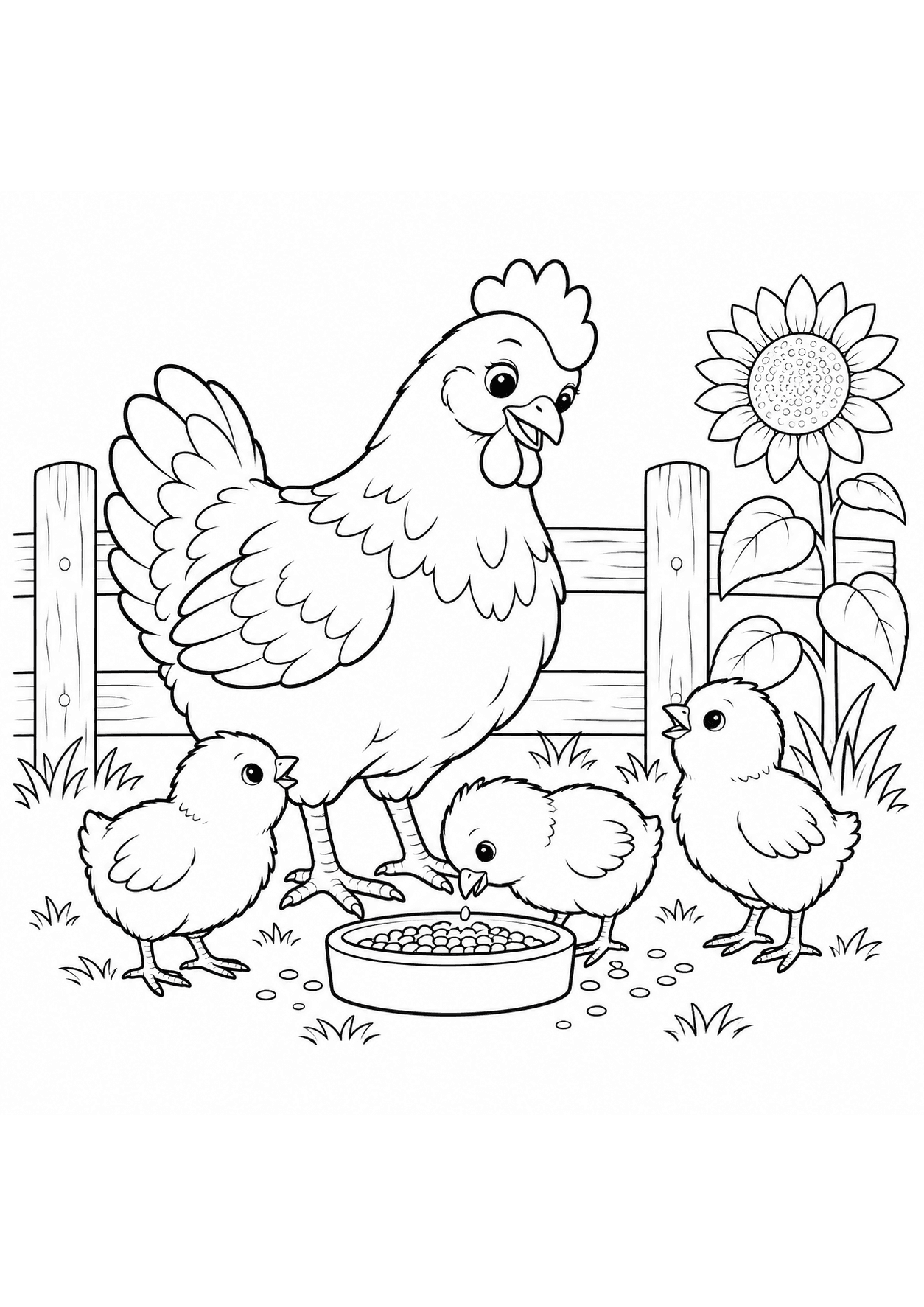 Hen and three chicks beside a fence and sunflower