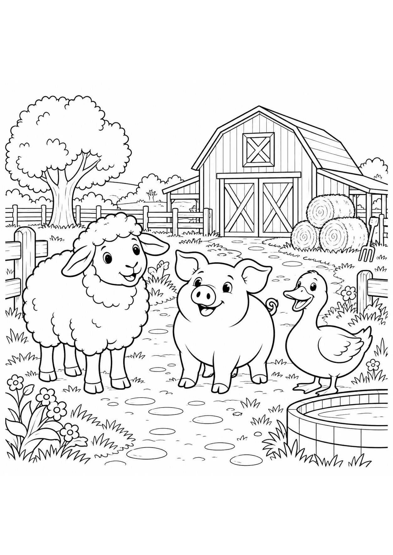 Detailed farm animal coloring page of a sheep, pig and duck beside a barn