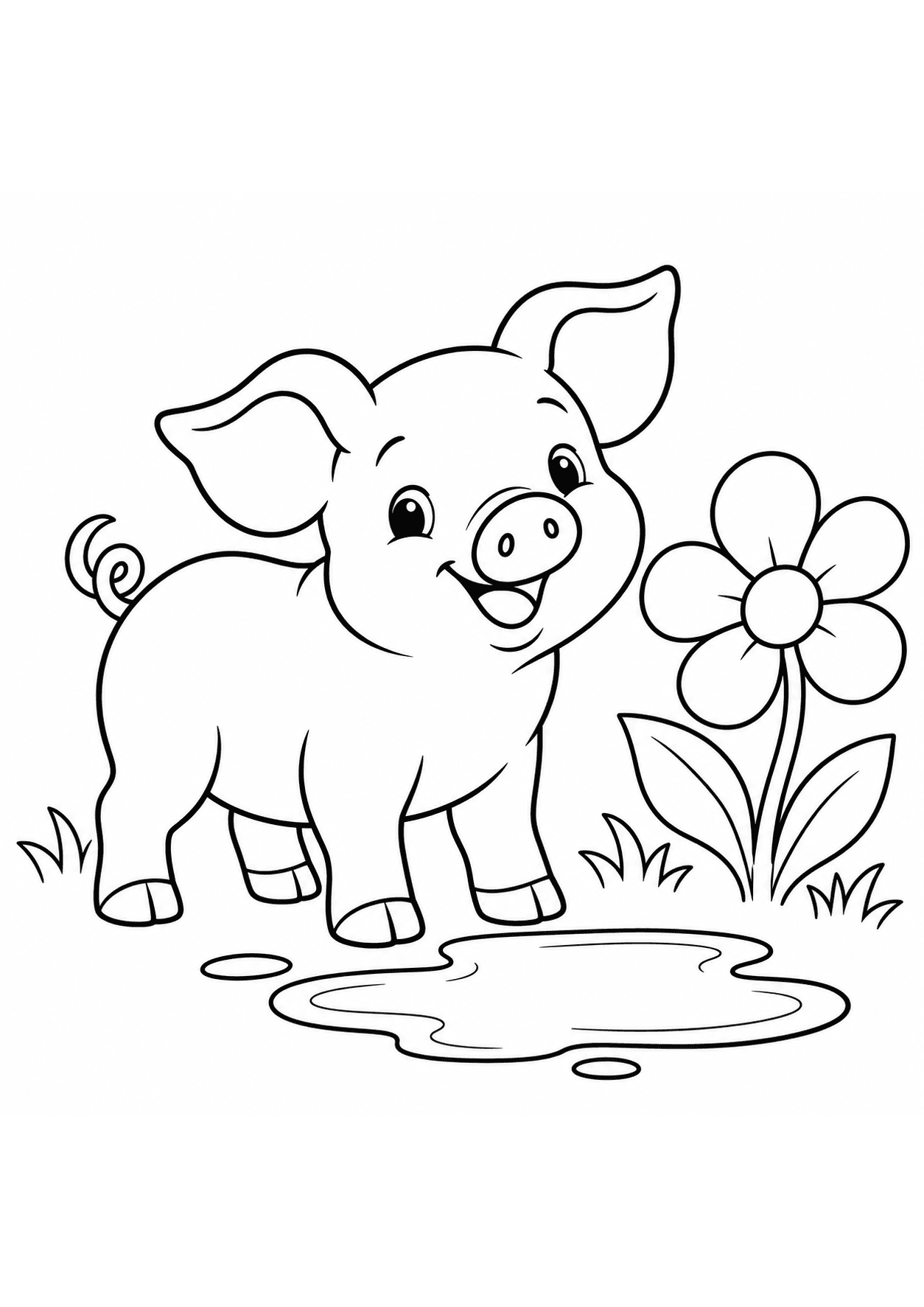 Easy farm animal coloring page of a piglet beside a puddle