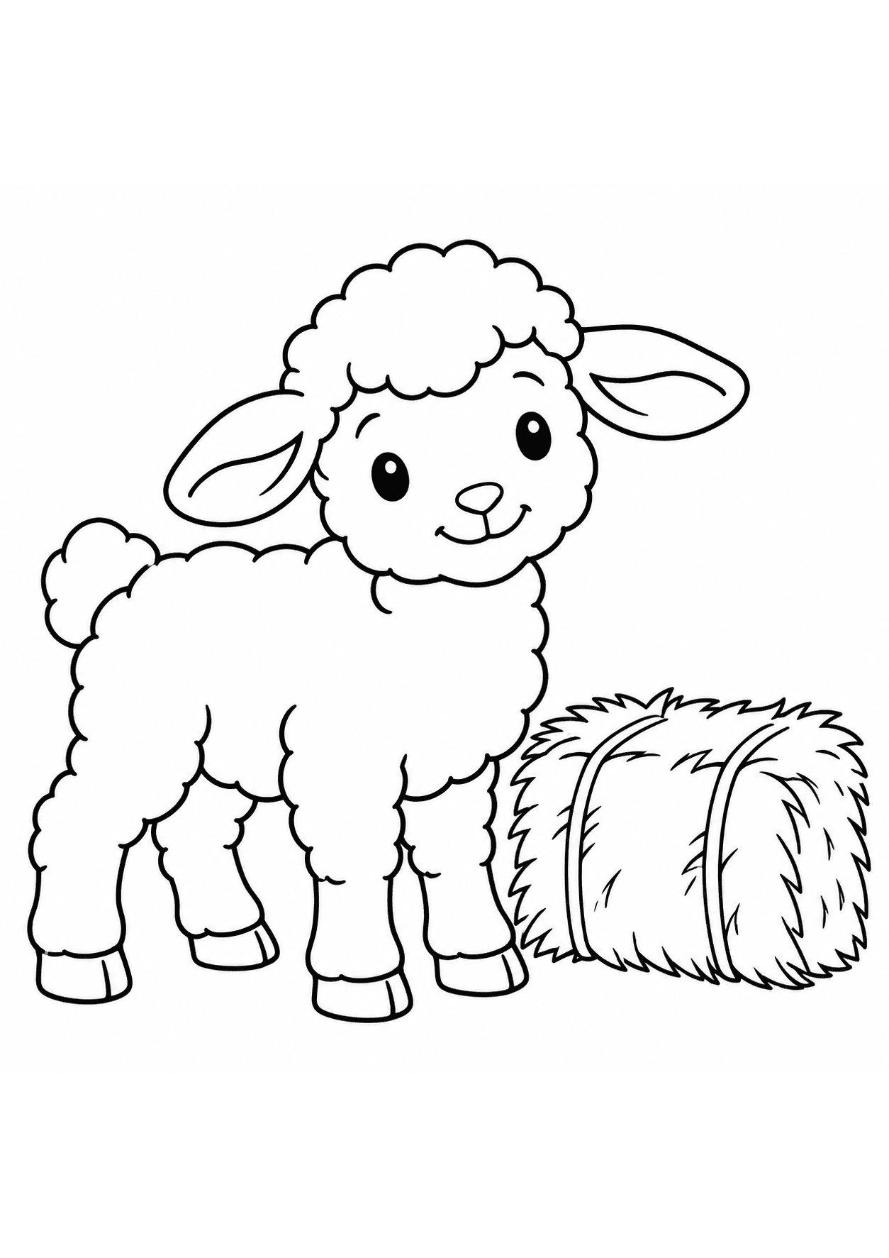 Easy farm animal coloring page of a lamb beside a hay bale