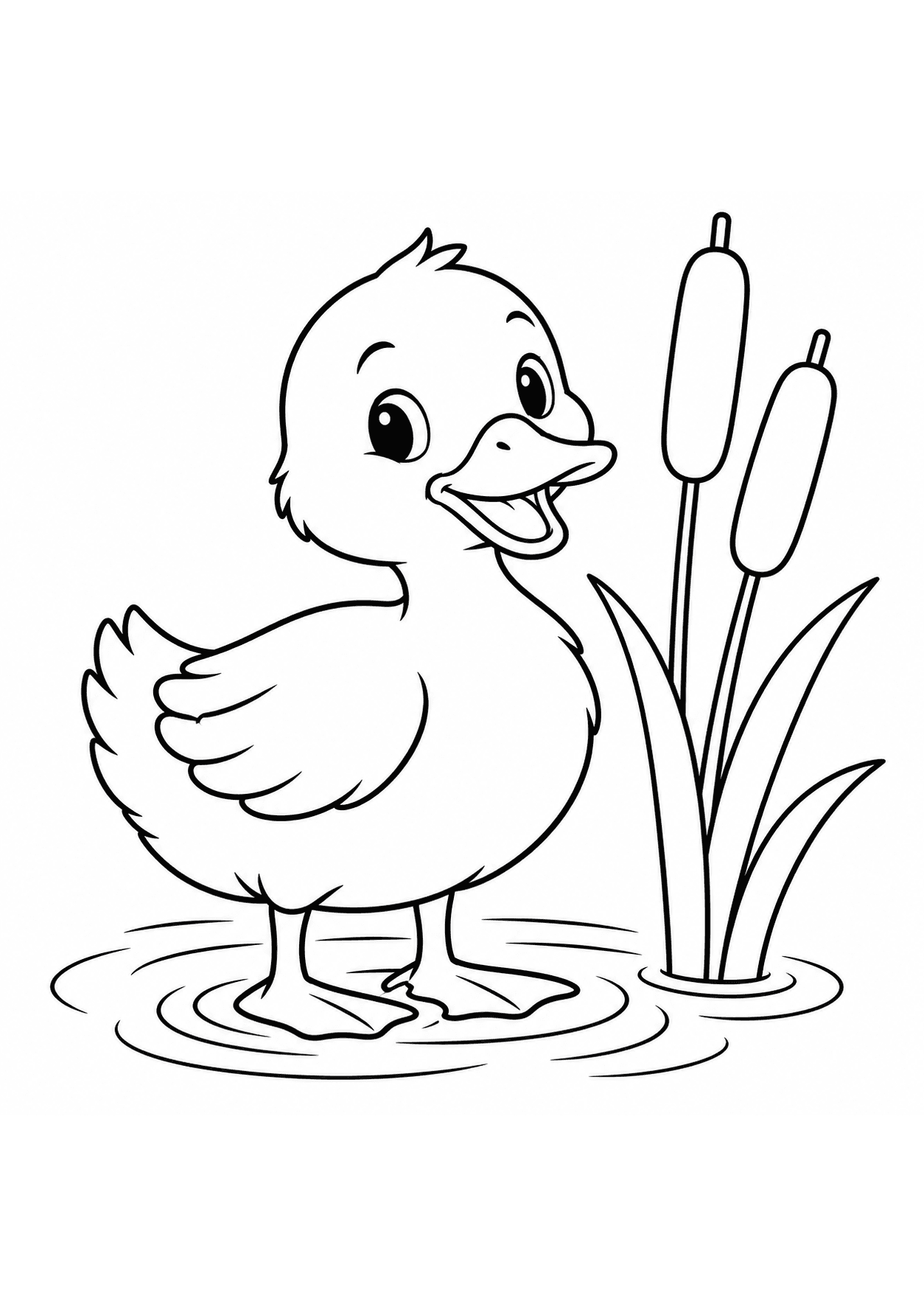 Easy farm animal coloring page of a duckling beside reeds