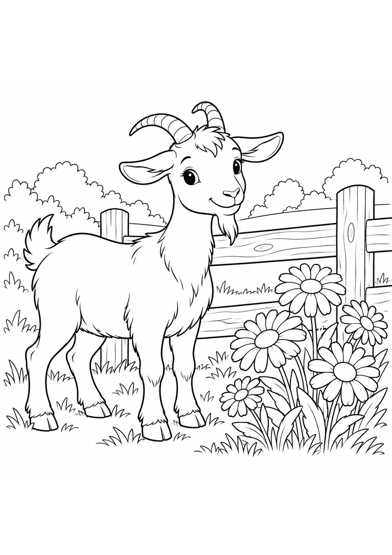 Farm animal coloring page of a goat beside a wooden fence and daisies