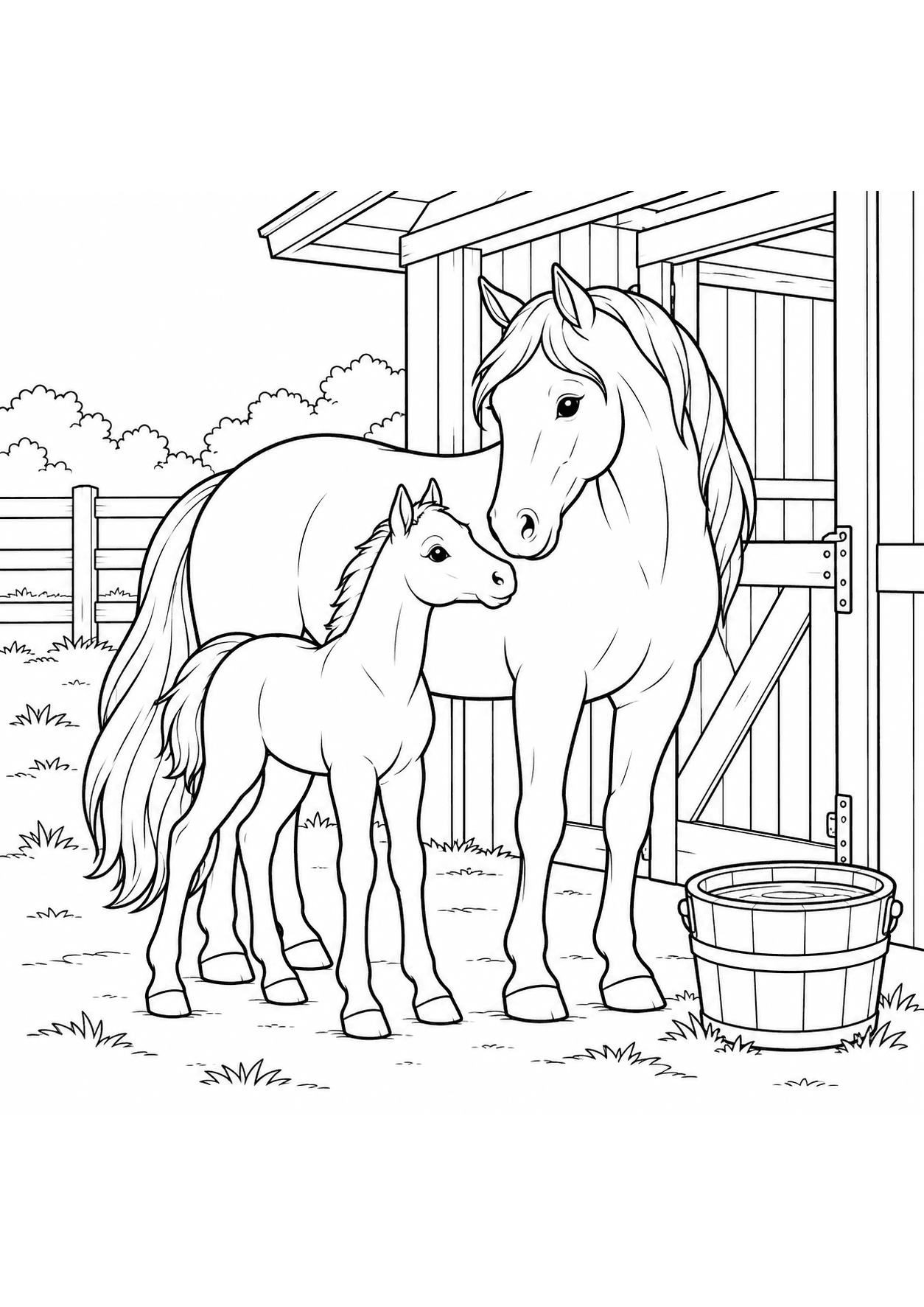 Farm animal coloring page of a horse and foal beside a stable