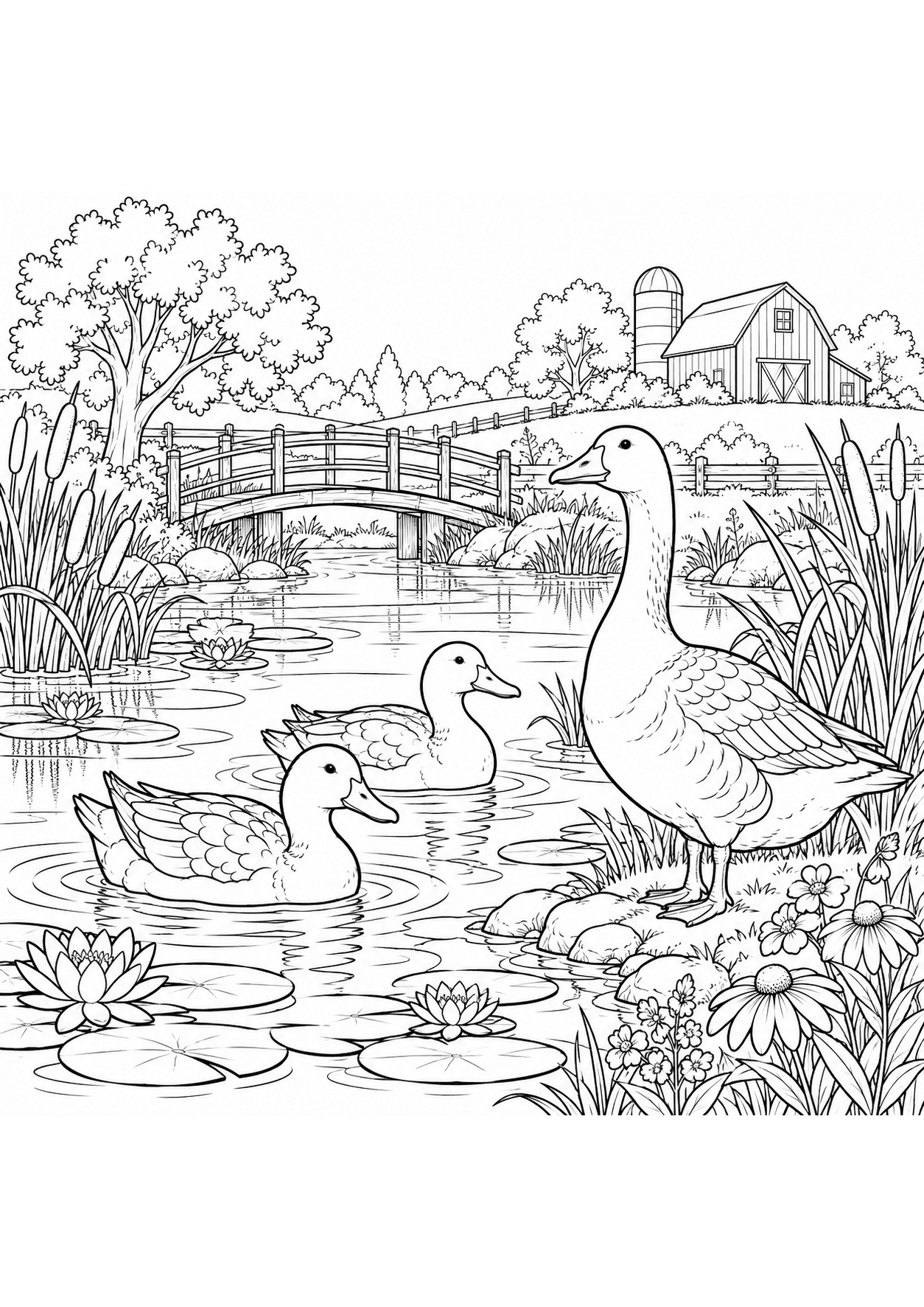 Detailed farm animal coloring page of ducks and a goose beside a farm pond