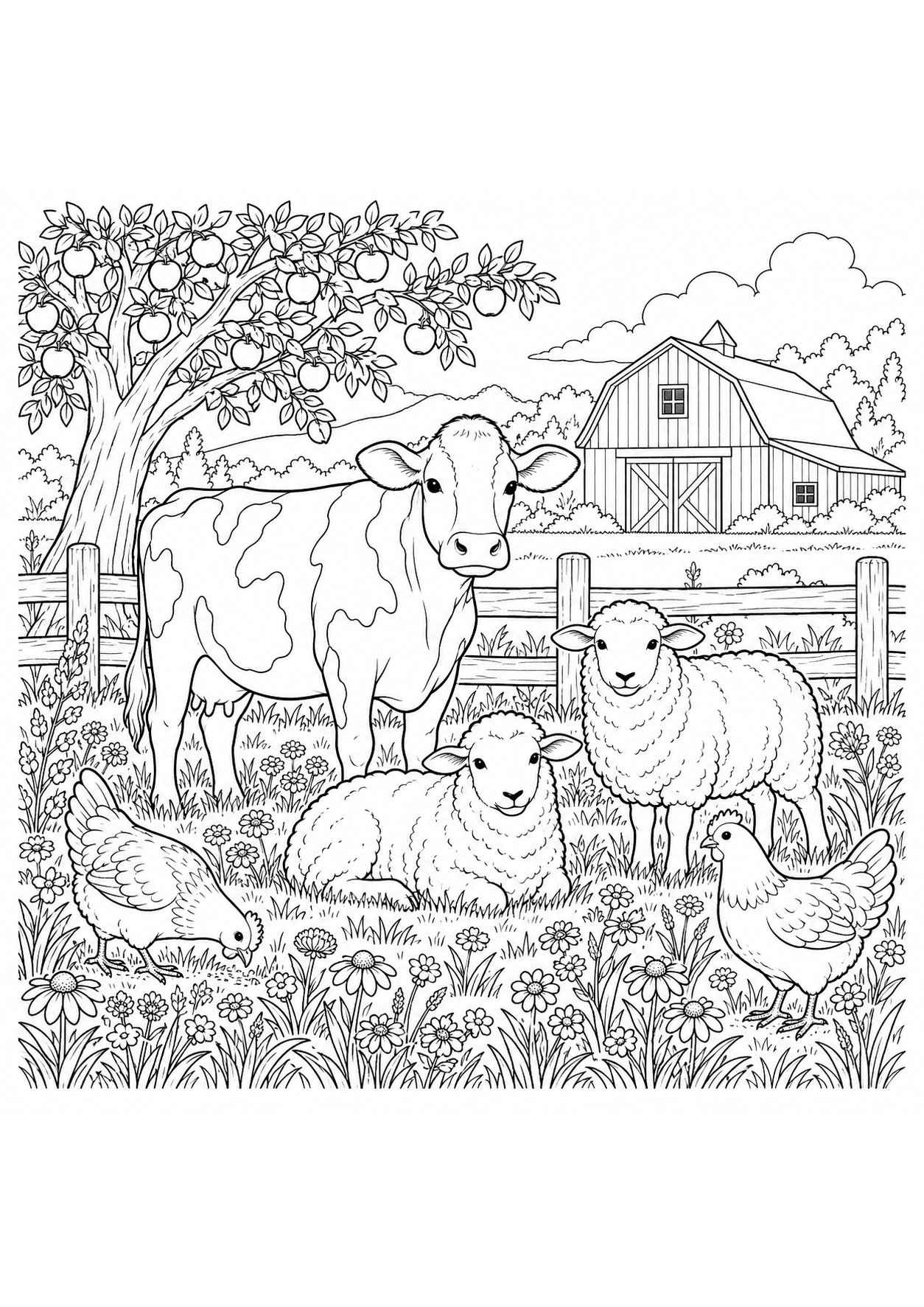 Detailed farm animal coloring page of cows, sheep and chickens in a meadow