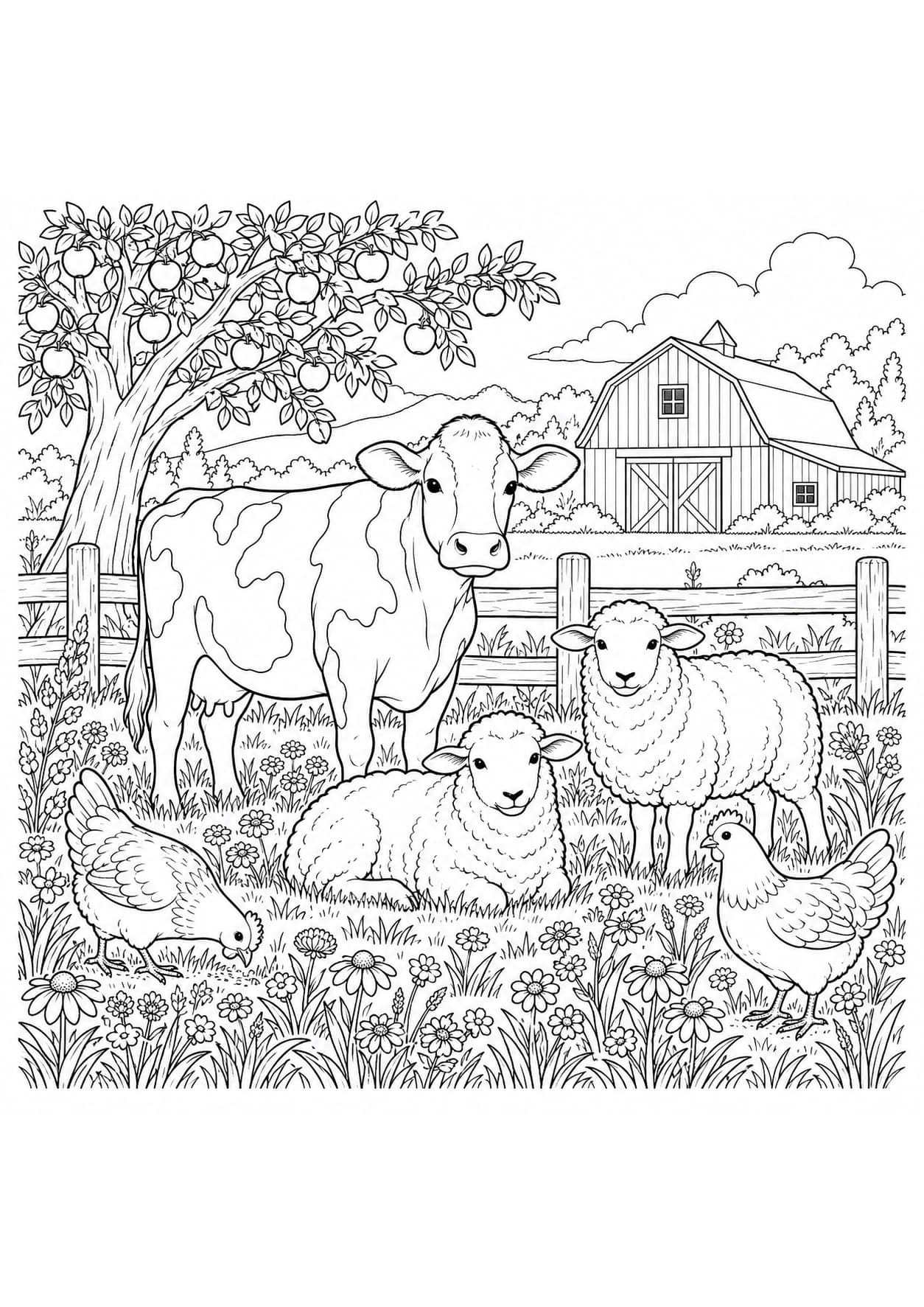 Detailed farm animal coloring page of cows, sheep and chickens in a meadow