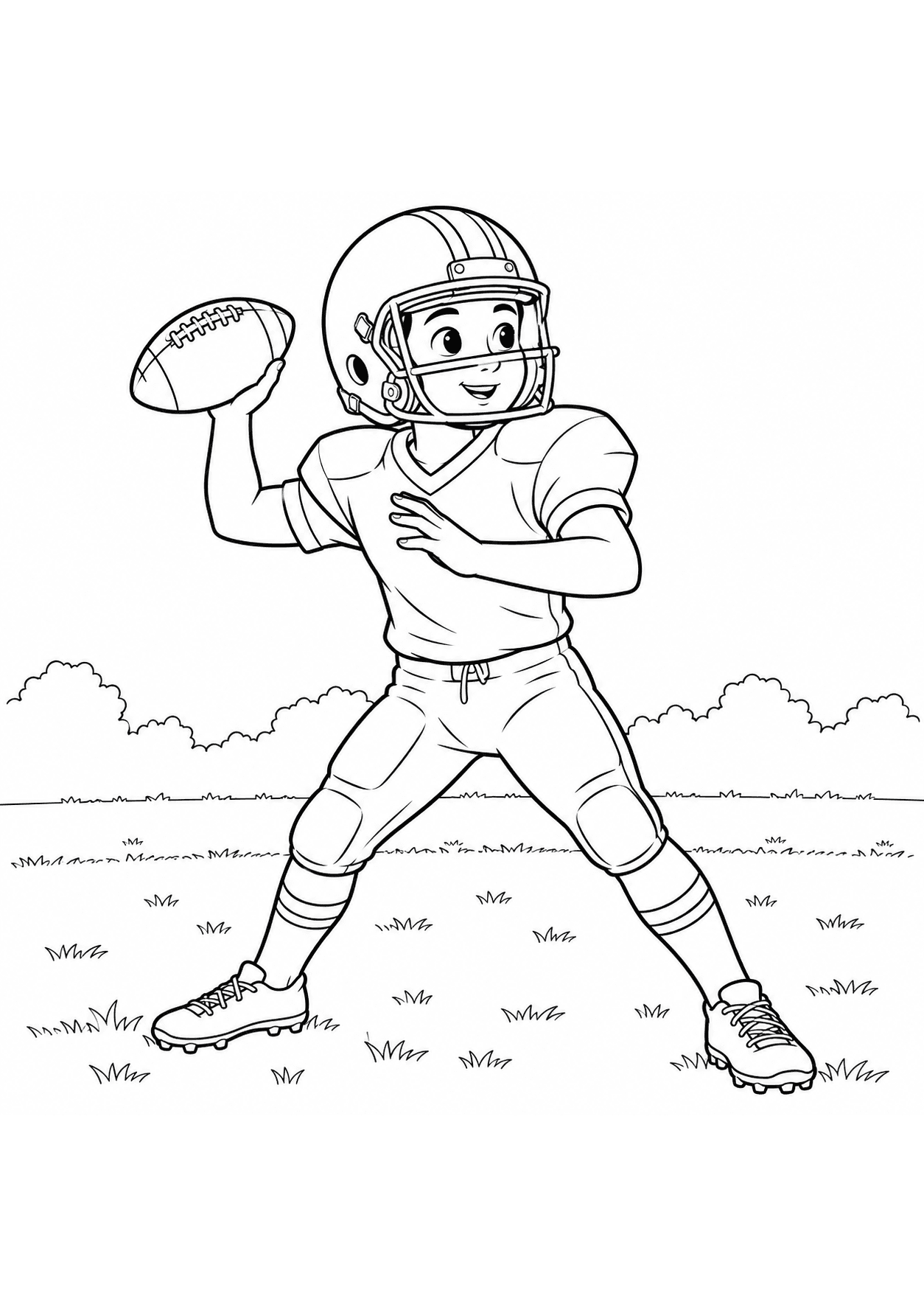 American football coloring page of a child practicing a throw