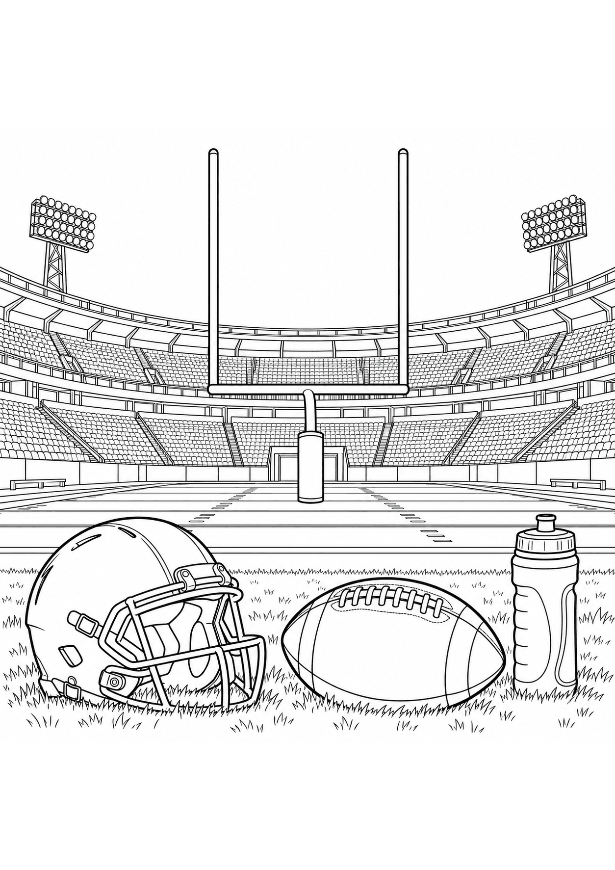 Detailed American football coloring page of a stadium, goalpost and football equipment