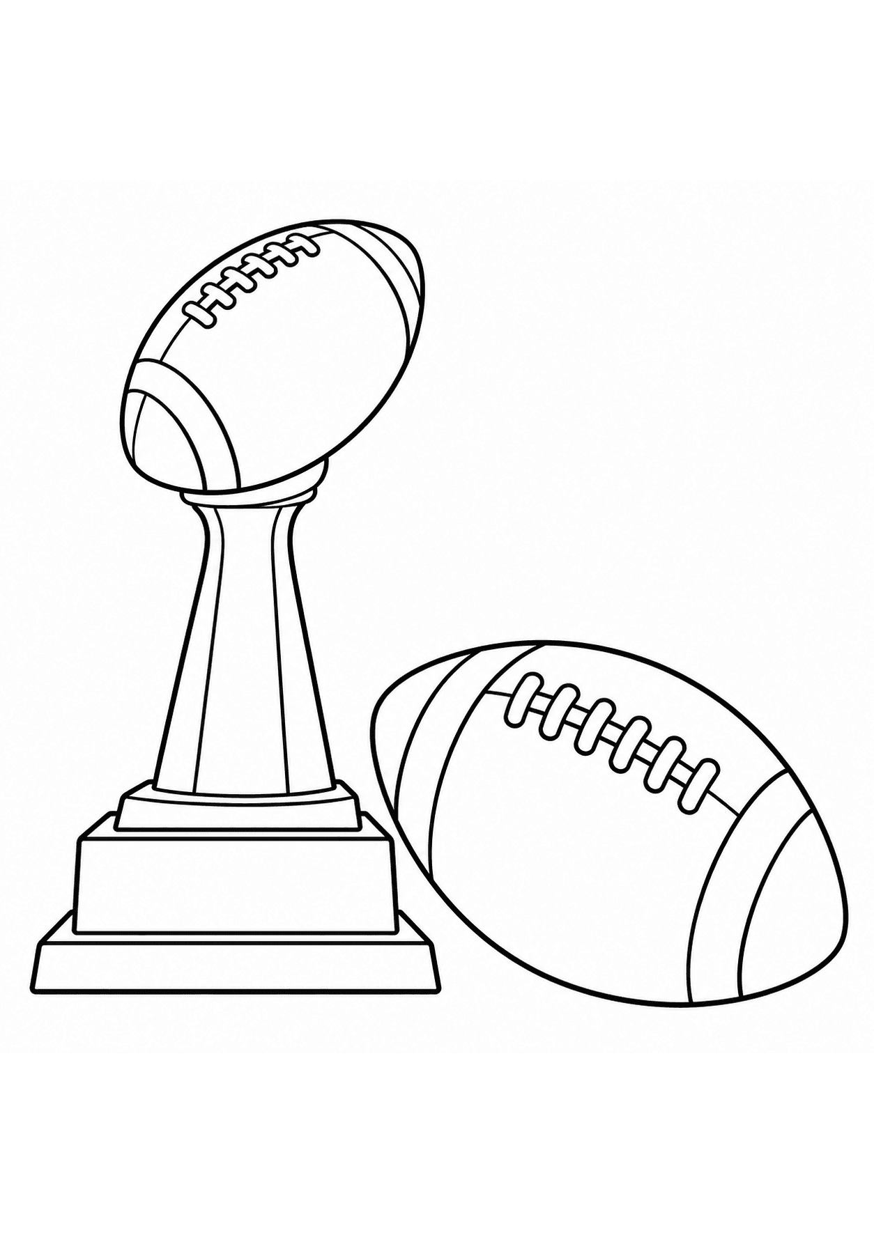 Easy American football coloring page of a trophy beside an oval ball