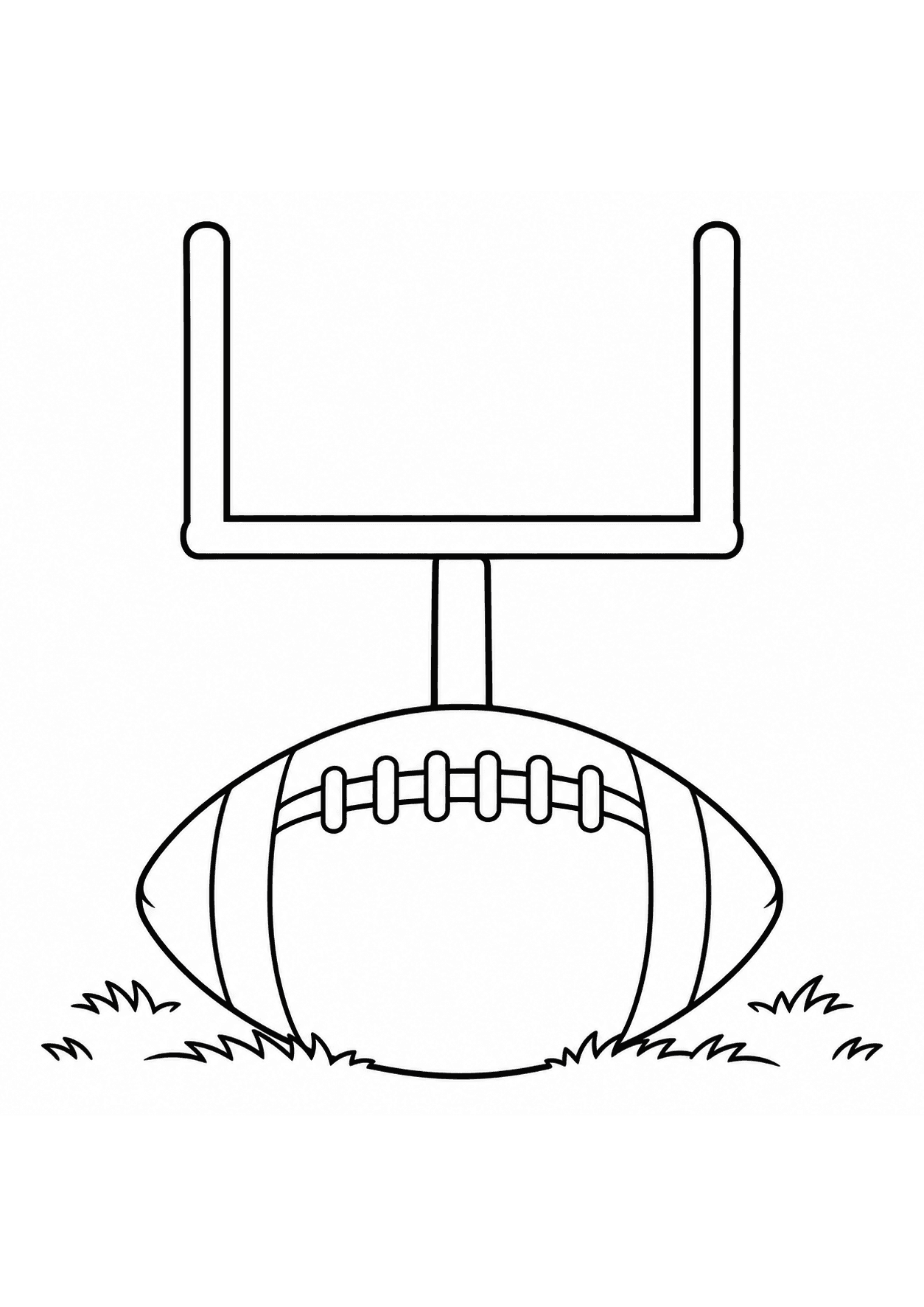 Easy American football coloring page of an oval ball beneath a goalpost