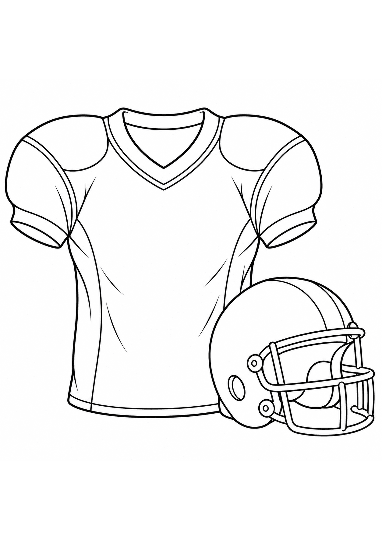 Easy American football coloring page of a plain padded jersey beside a helmet