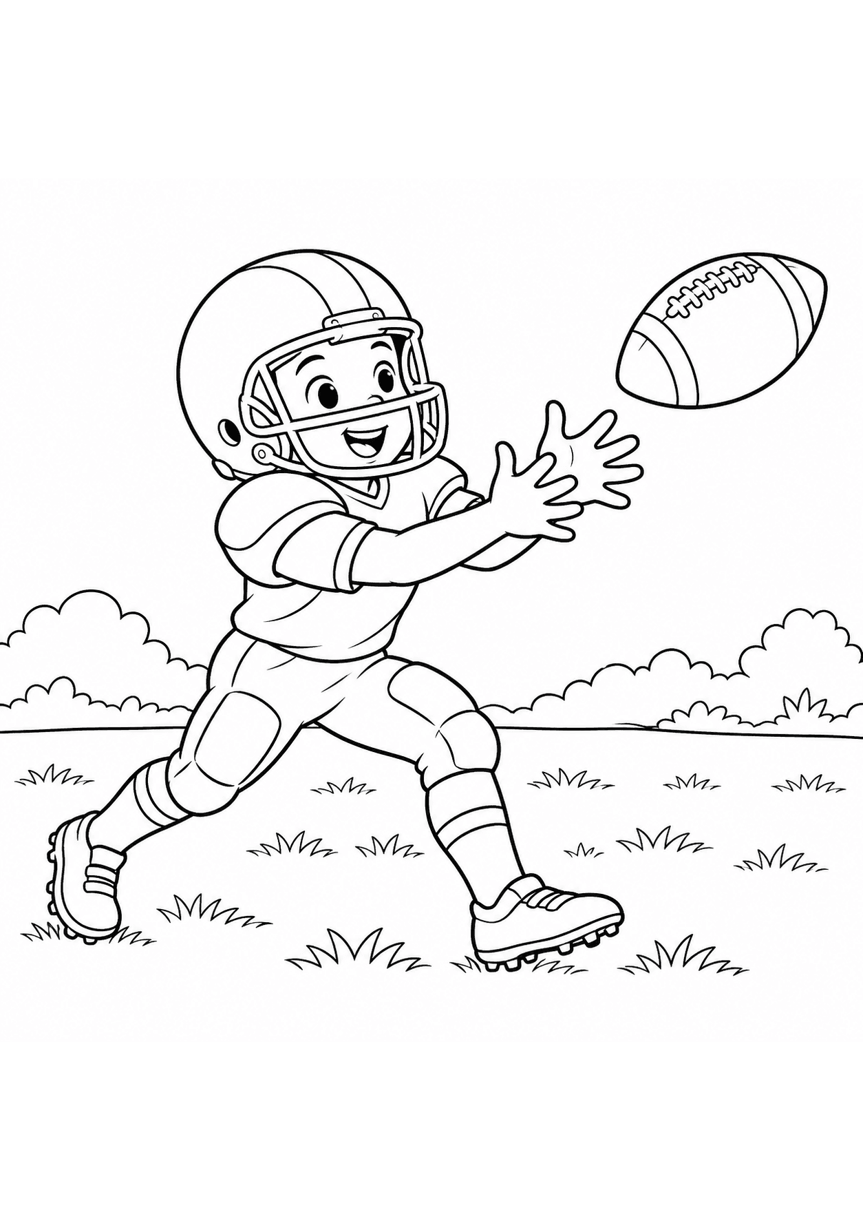 American football coloring page of a child catching an oval football