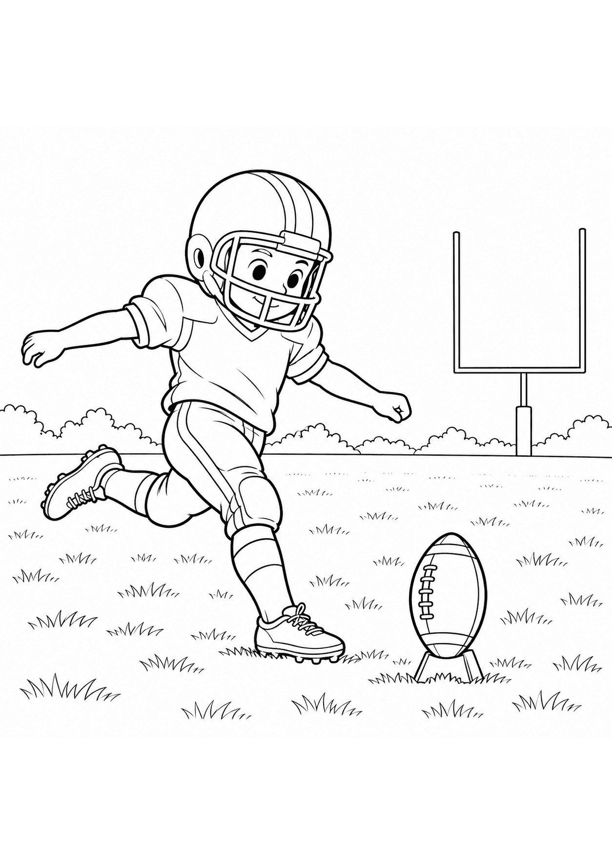 American football coloring page of a child practicing a kick from a tee