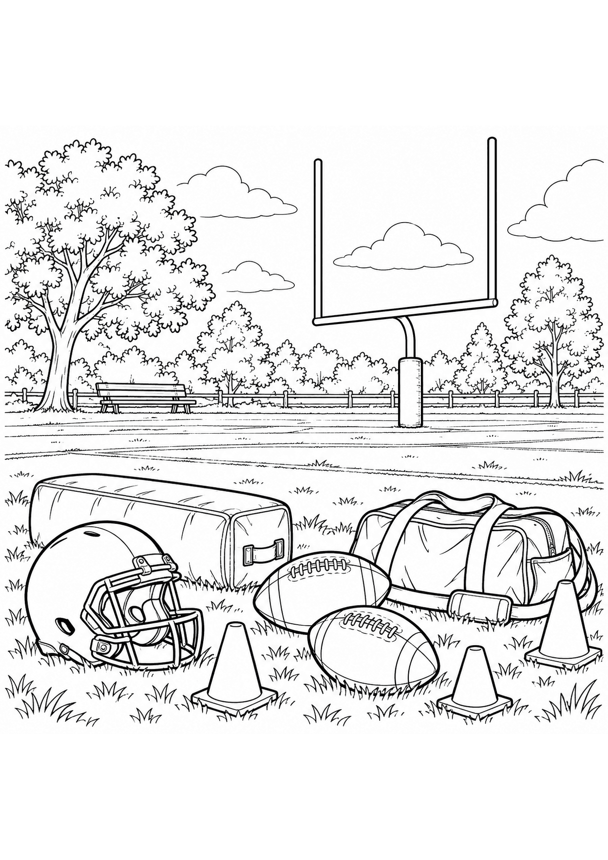 Detailed American football coloring page of a practice field with equipment