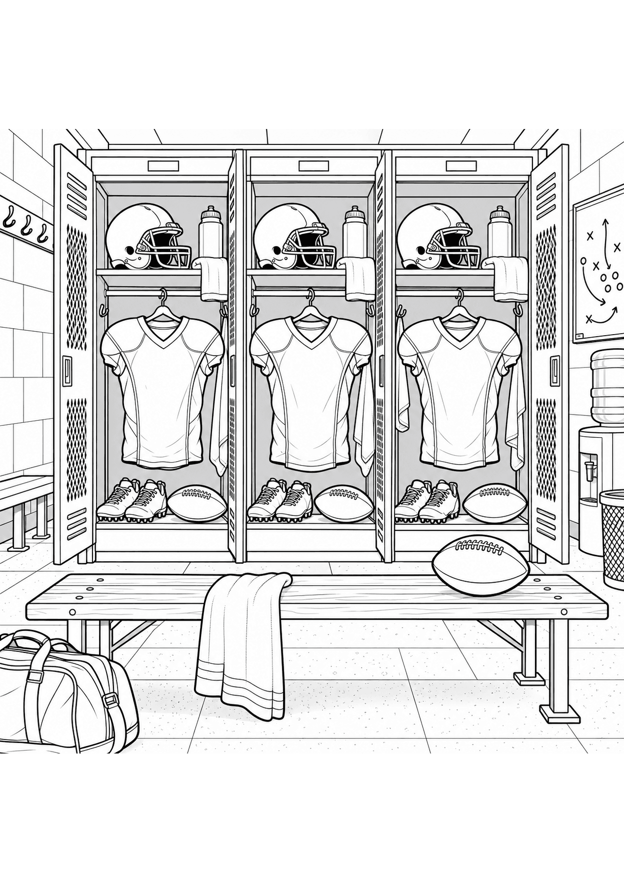 Detailed American football coloring page of a locker room with helmets and uniforms