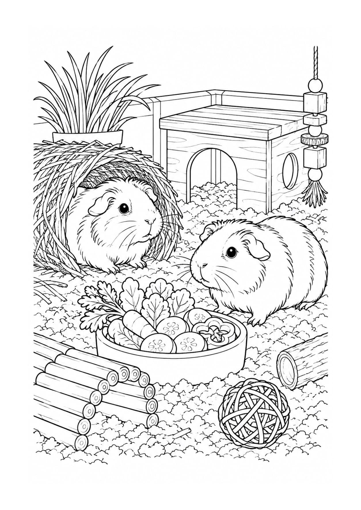 Detailed guinea pig coloring page of guinea pigs exploring a play area
