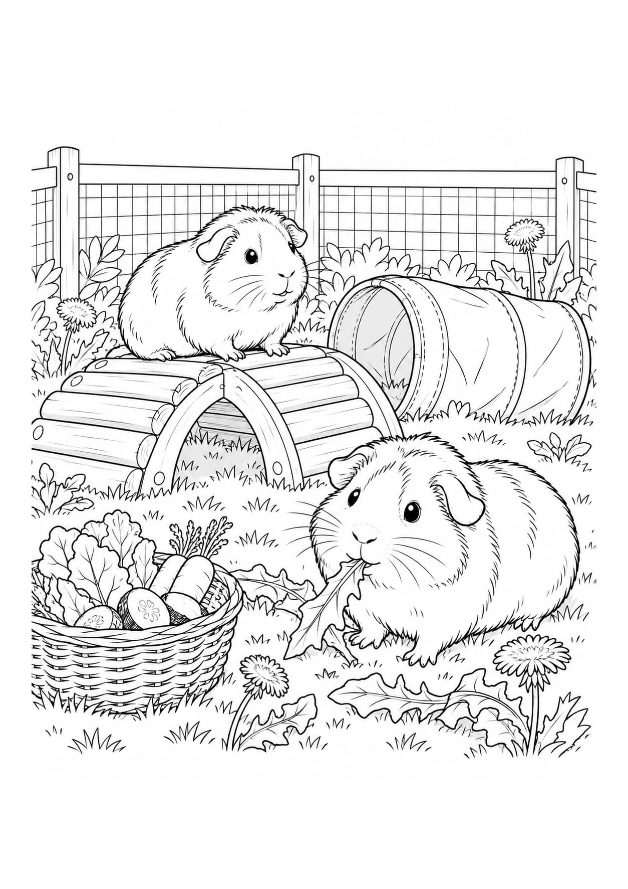 Detailed guinea pig coloring page of guinea pigs in a garden playpen
