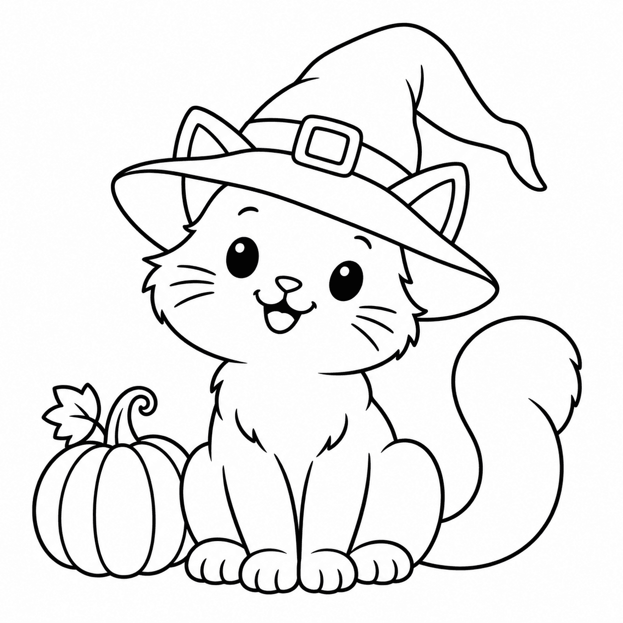 Easy Halloween coloring page of a cat wearing a witch hat