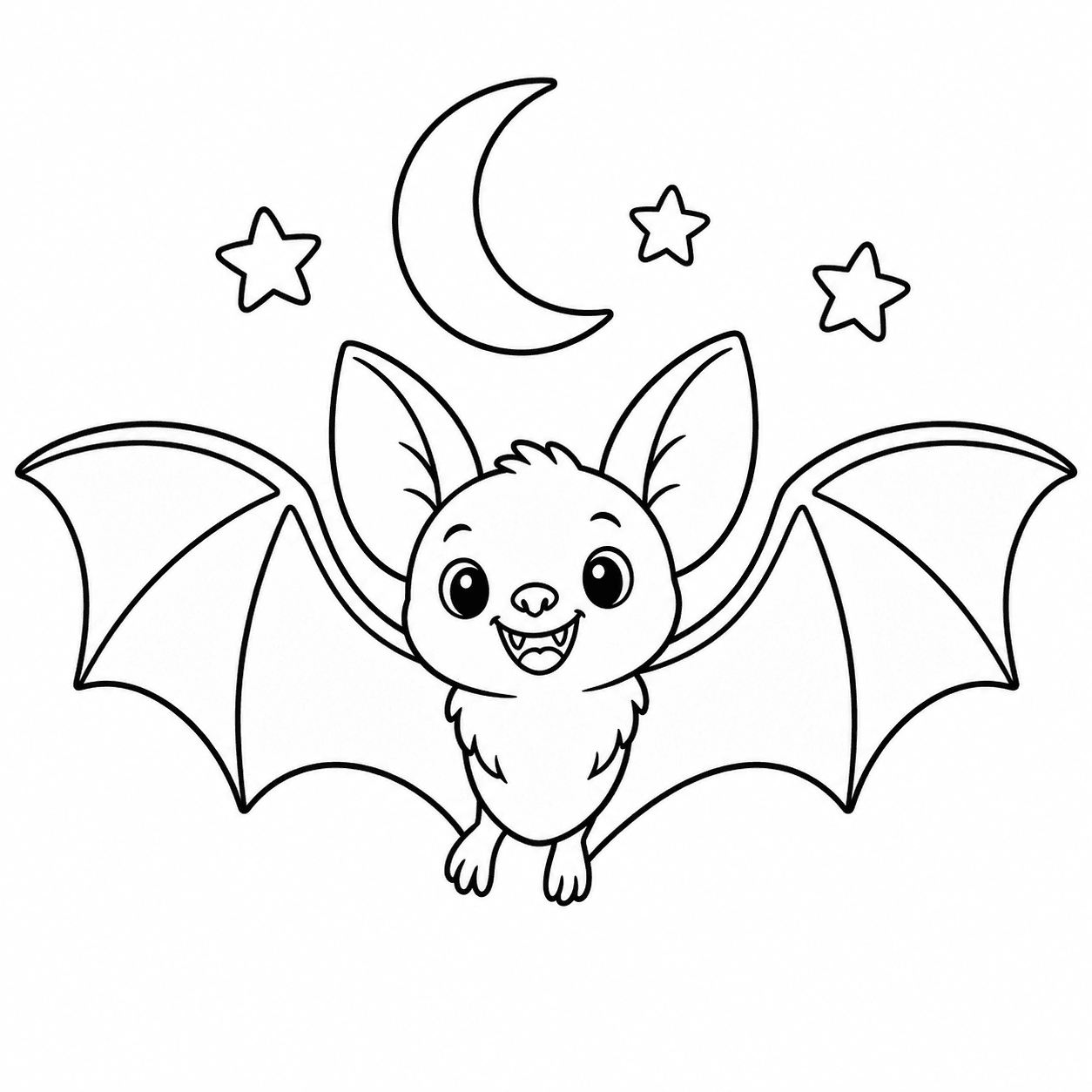 Easy Halloween coloring page of a friendly bat and crescent moon