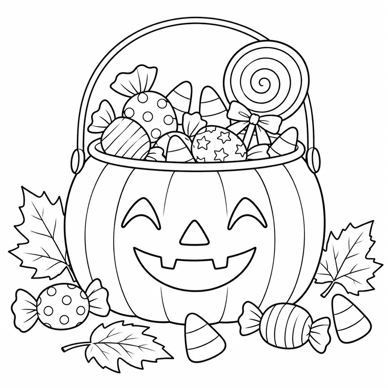 Halloween coloring page of a pumpkin bucket filled with candy