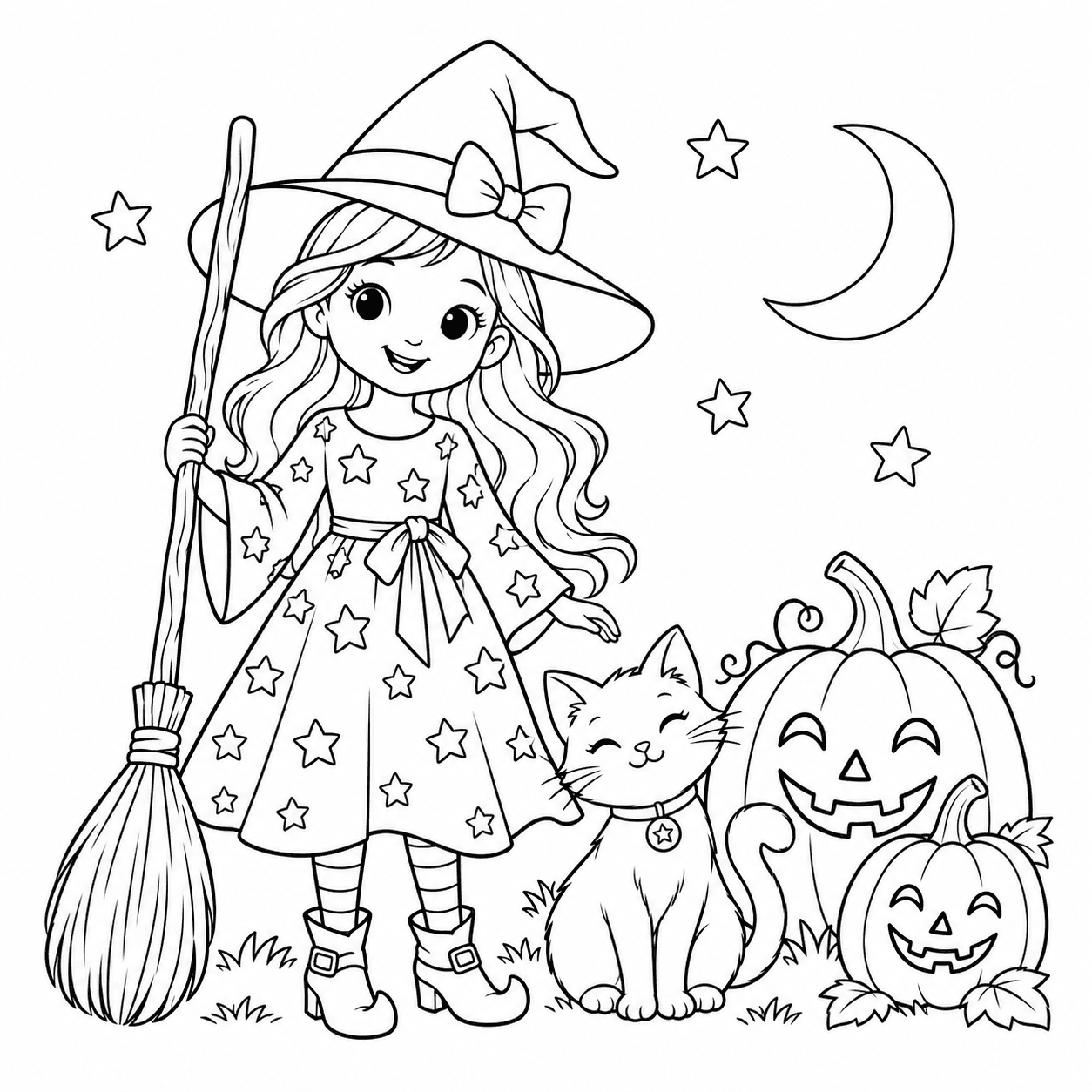 Halloween coloring page of a friendly witch with a broom and cat