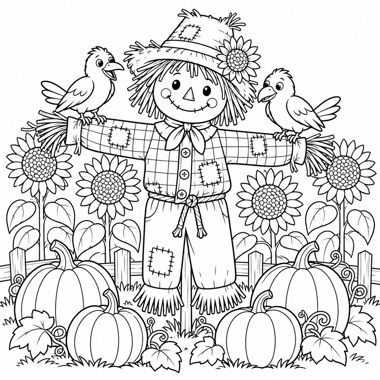Halloween coloring page of a friendly scarecrow in a pumpkin garden