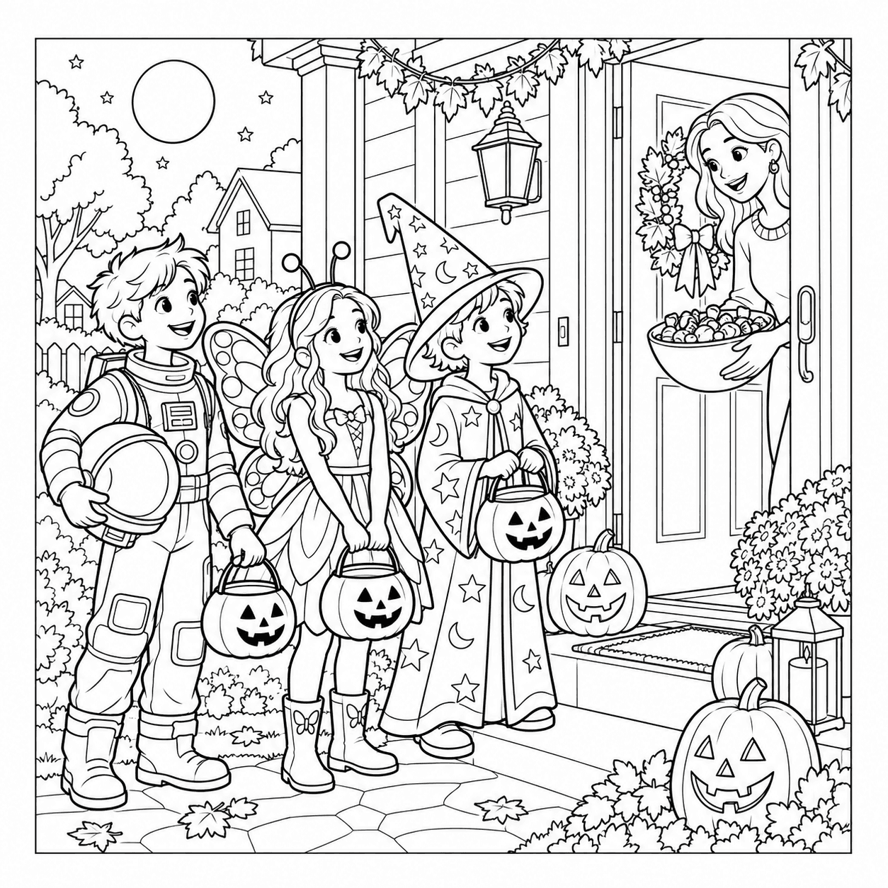 Detailed Halloween coloring page of children trick-or-treating