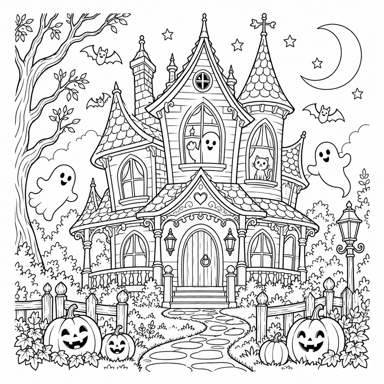 Detailed Halloween coloring page of a whimsical haunted house