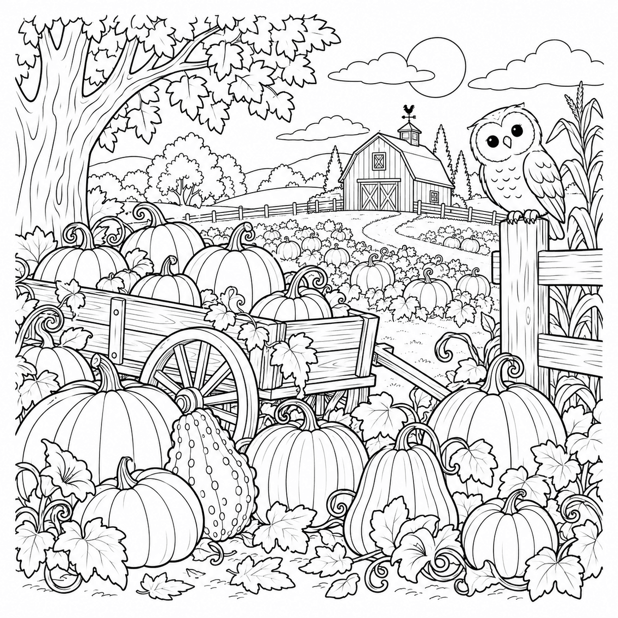 Detailed Halloween coloring page of a pumpkin patch and harvest wagon