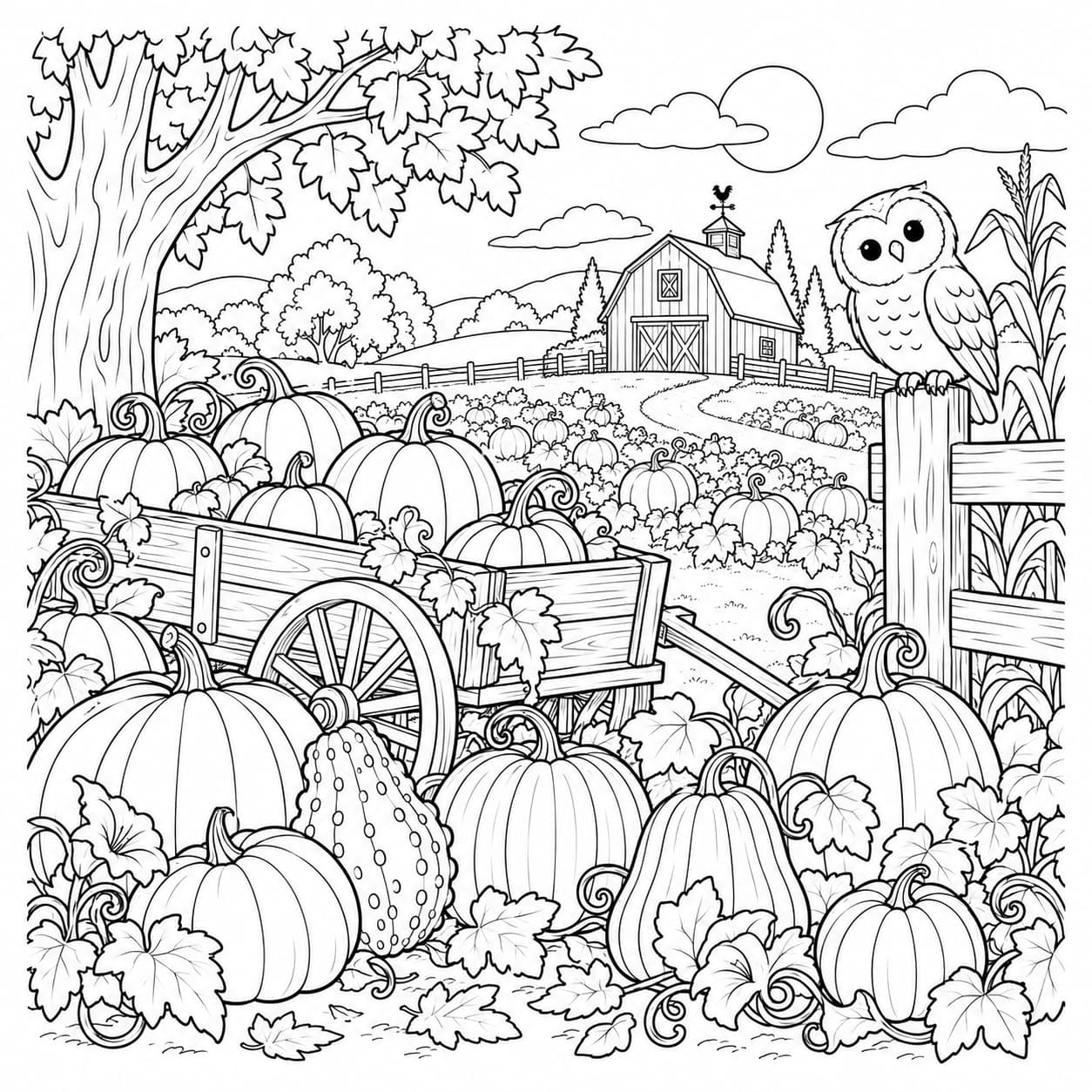 Detailed Halloween coloring page of a pumpkin patch and harvest wagon
