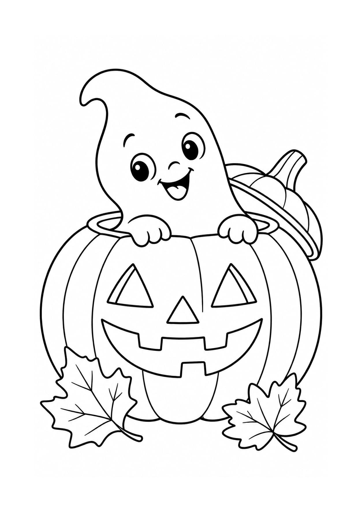 Friendly ghost peeking out of a pumpkin in a new free Halloween coloring page