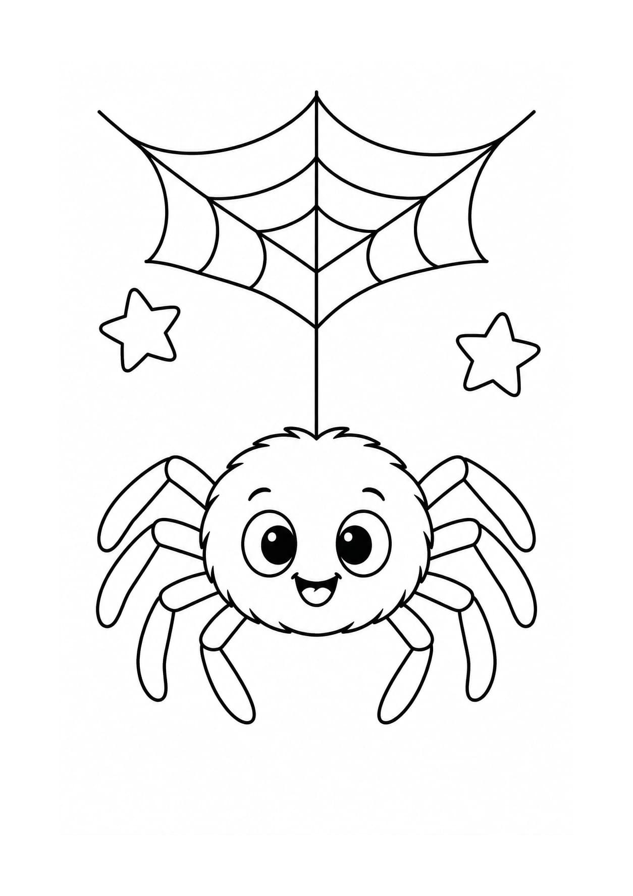 Easy Halloween coloring page of a smiling spider and a simple web