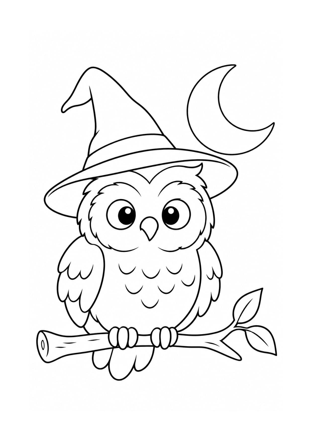 Easy Halloween coloring page of an owl wearing a witch hat